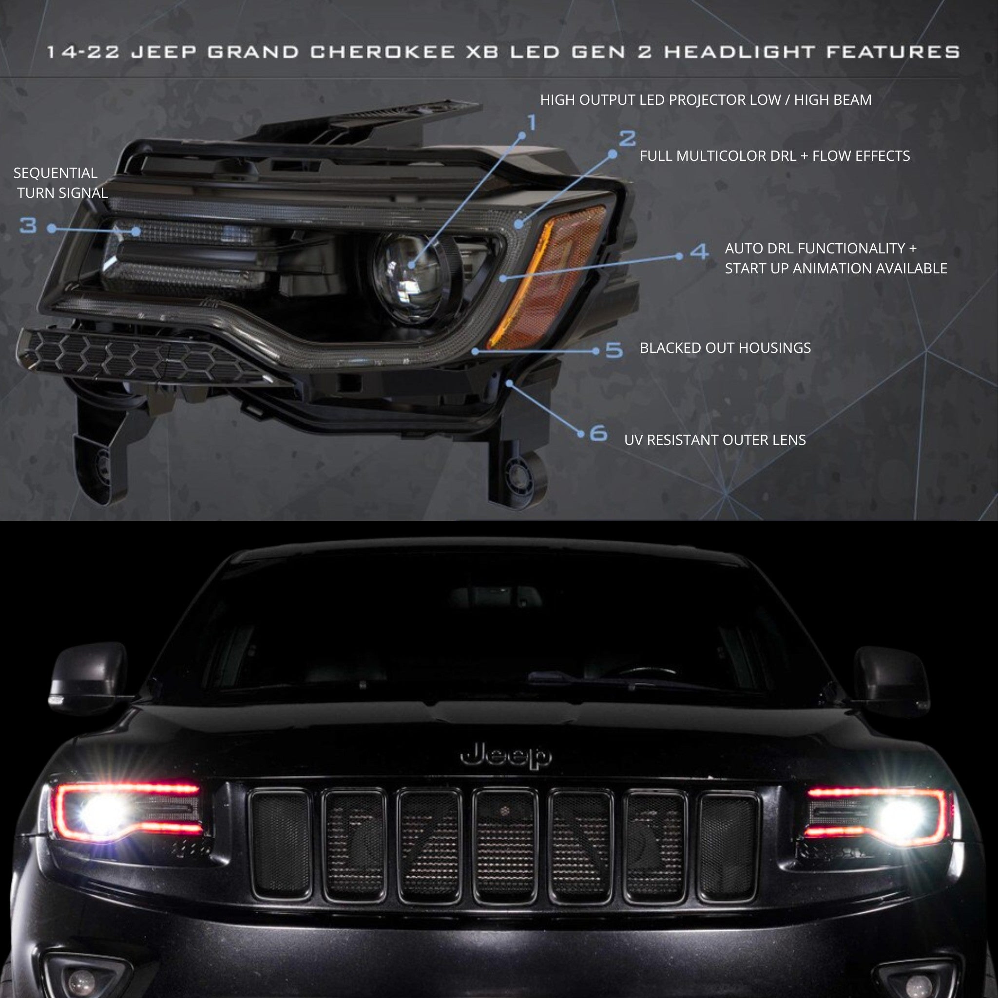 Jeep Grand Cherokee / Trackhawk: Multicolor Flow Headlights (2014-2022) Gen II | XB Morimoto