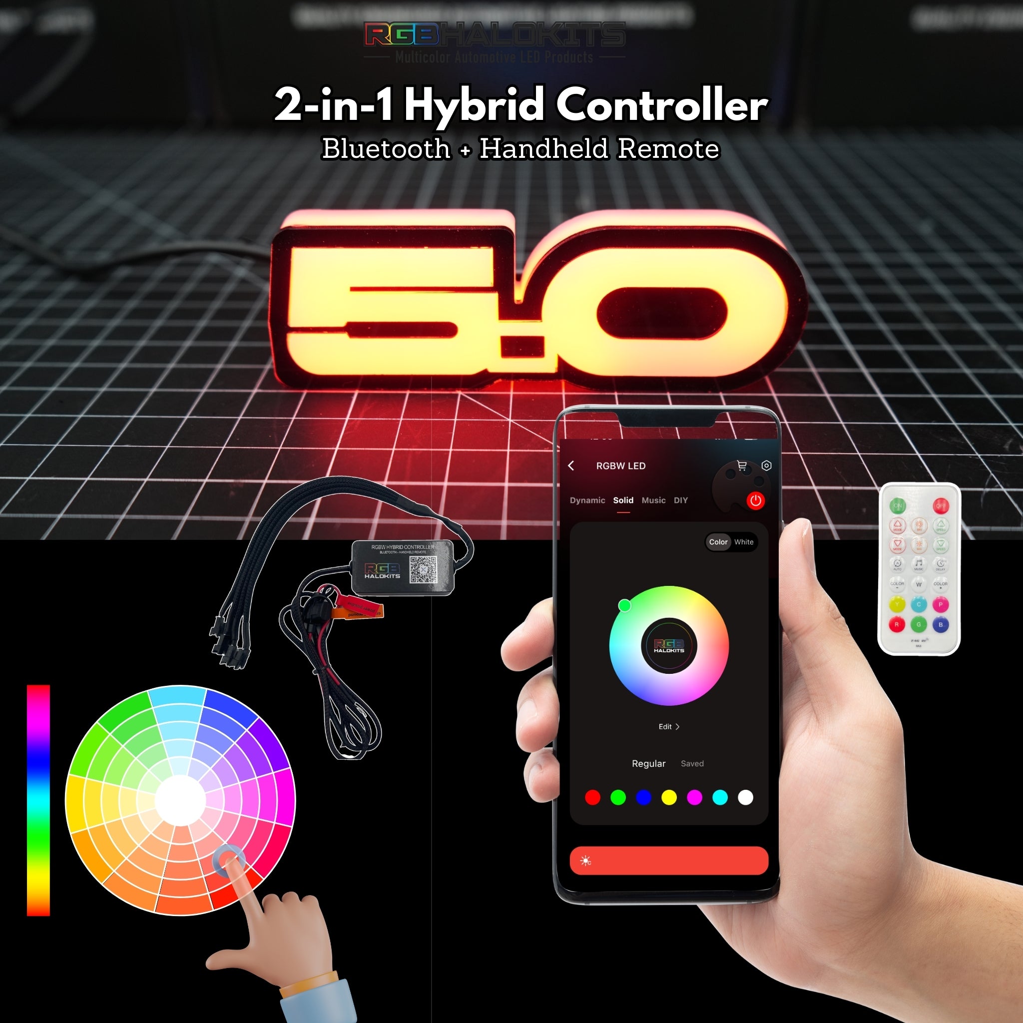 5.0 LED Emblem Badge: Ford Mustang (Multicolor Flow) – Custom Multicolor LED Lighting by RGB Halo Kits