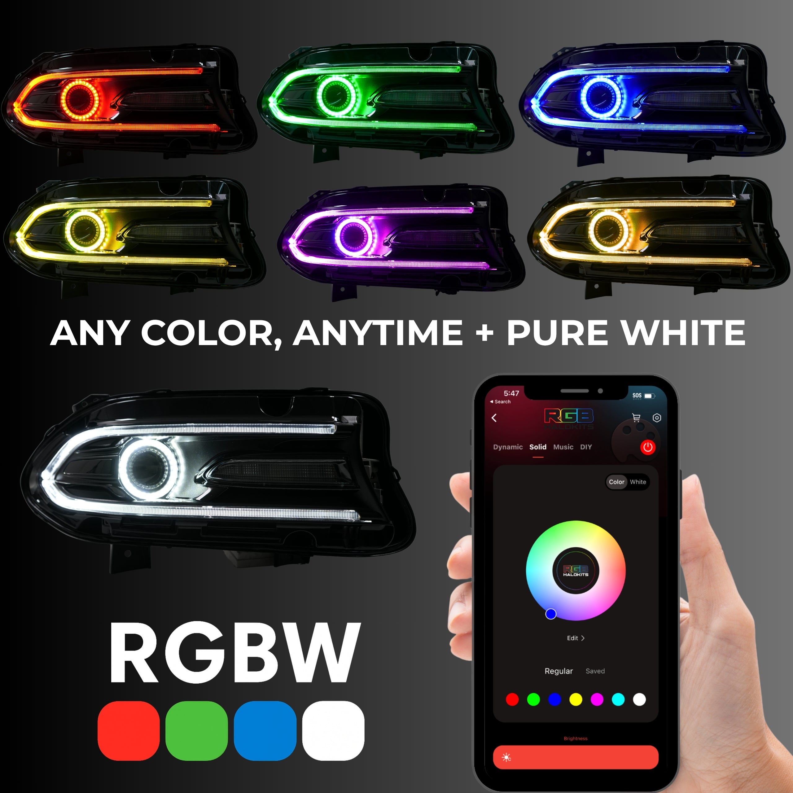 Dodge Charger: Multicolor Headlights (2015-2023) RGBW β Custom Multicolor LED Lighting by RGB Halo Kits