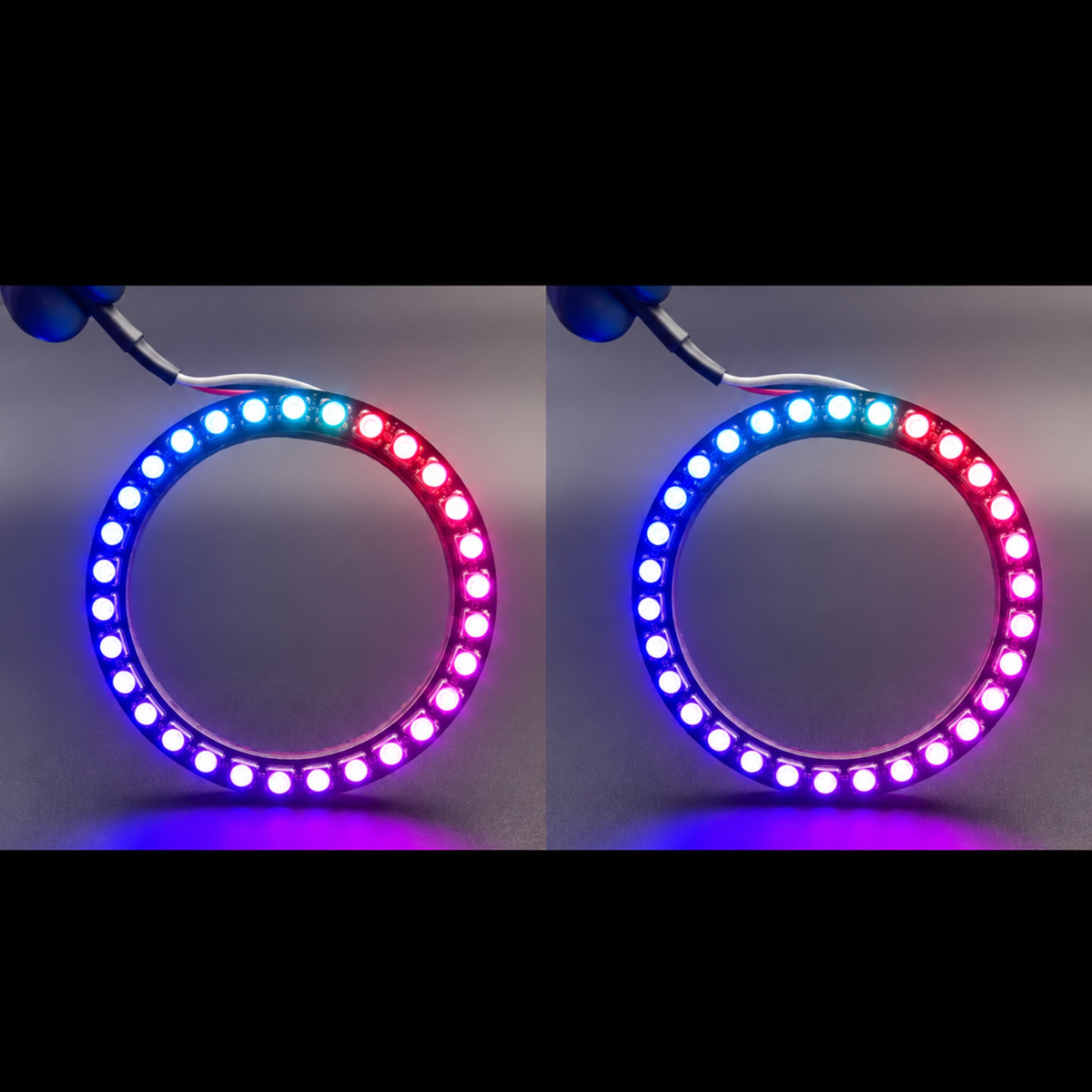 Side-by-side LED halo ring views displaying blue, cyan and magenta lighting