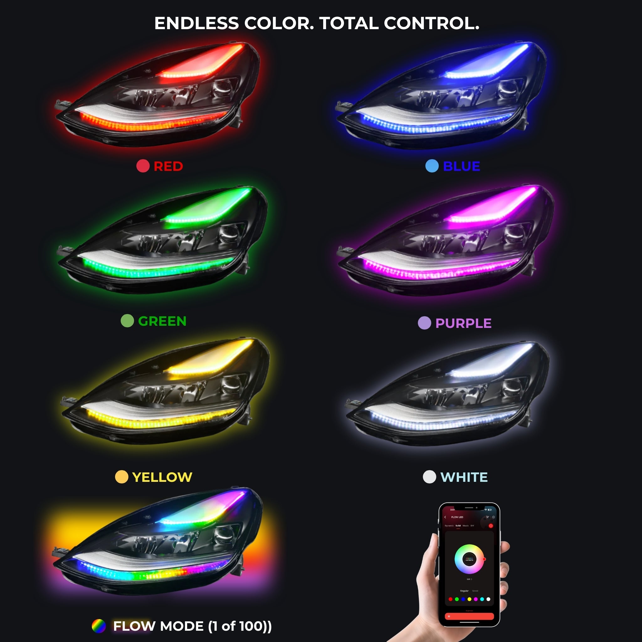 Tesla Model 3 Flow Series DRL boards (2021+) – Custom Multicolor LED Lighting by RGB Halo Kits