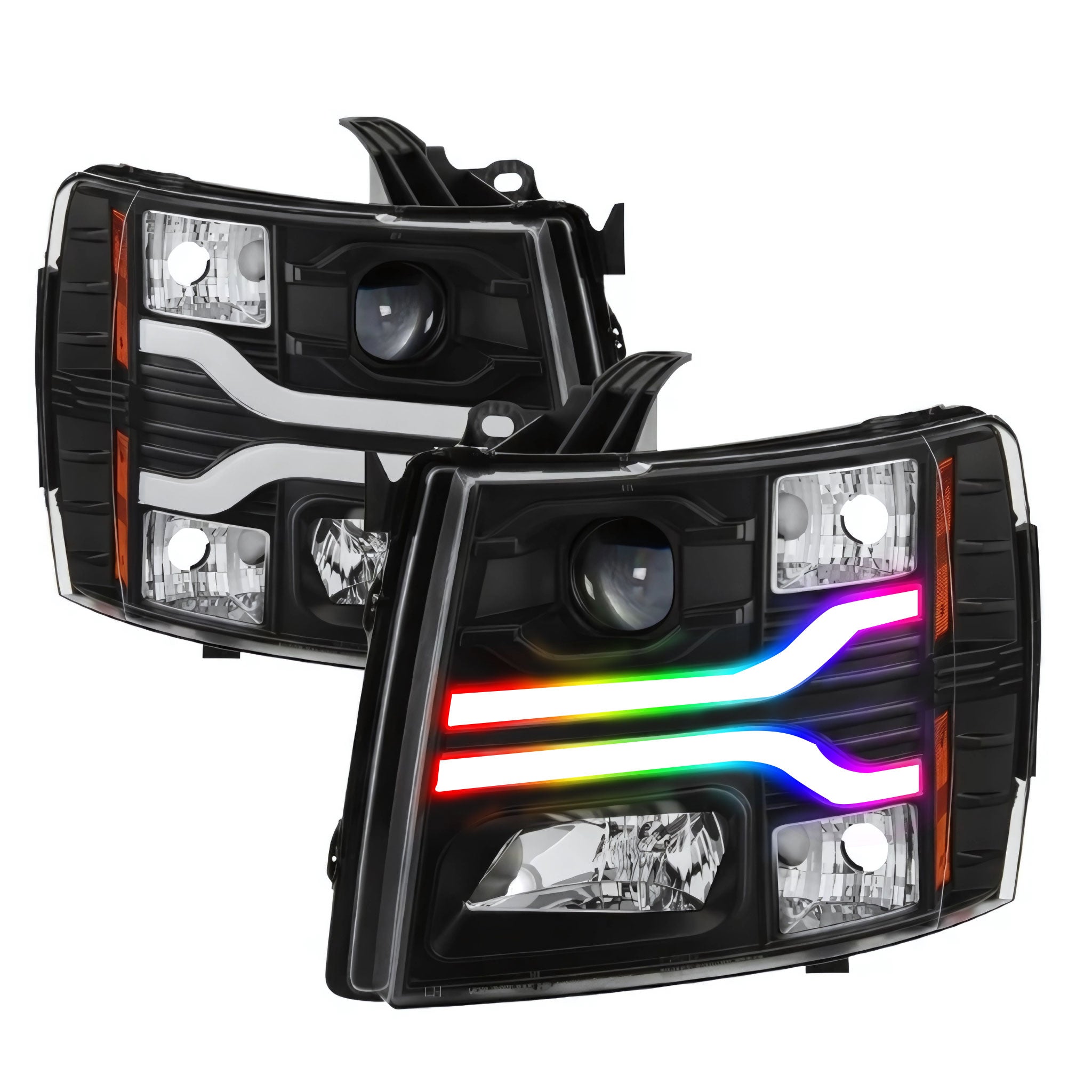Chevrolet Silverado 1500 (2007-2013) / 2500HD/3500HD (2007-2014): Multicolor Flow Series Headlights | Spyder – Custom Multicolor LED Lighting by RGB Halo Kits