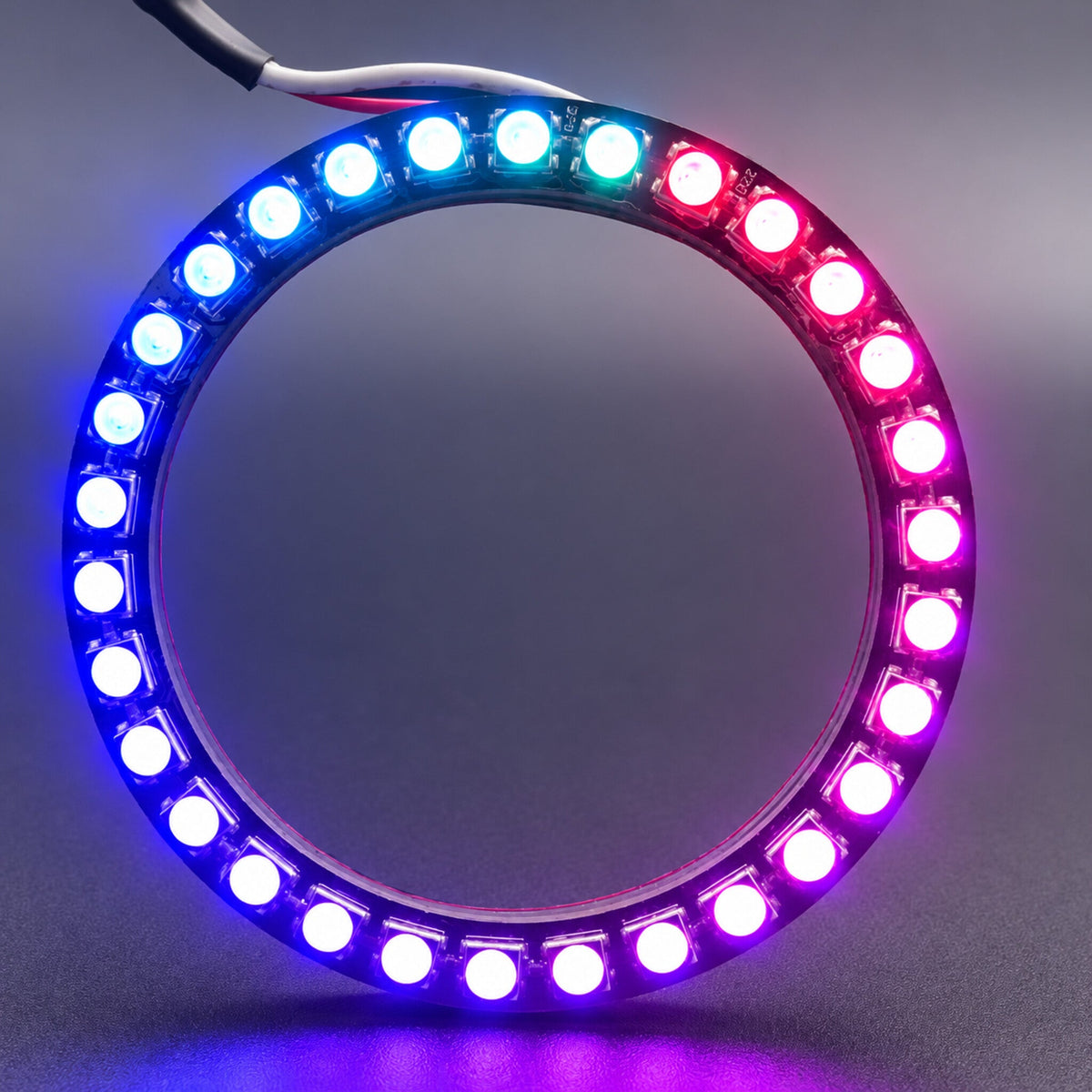 LED halo ring displaying blue, cyan and magenta lighting