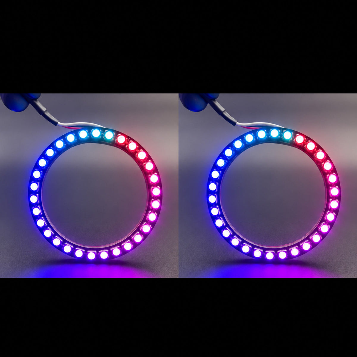 Side-by-side LED halo ring views displaying blue, cyan and magenta lighting