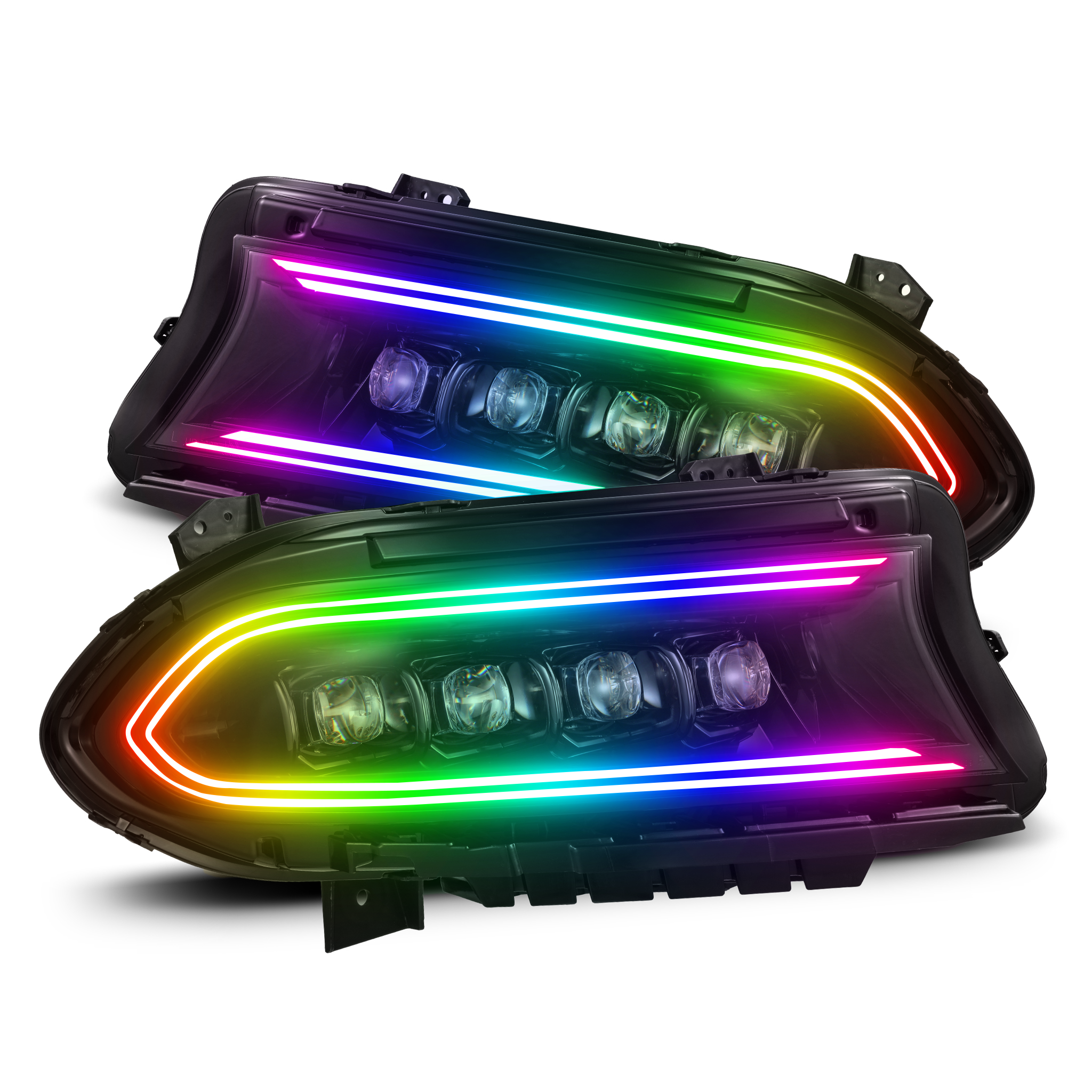 Dodge Charger: Multicolor Flow Series NOVA LED Alpha Black Headlights (2015-2023) – Custom Multicolor LED Lighting by RGB Halo Kits