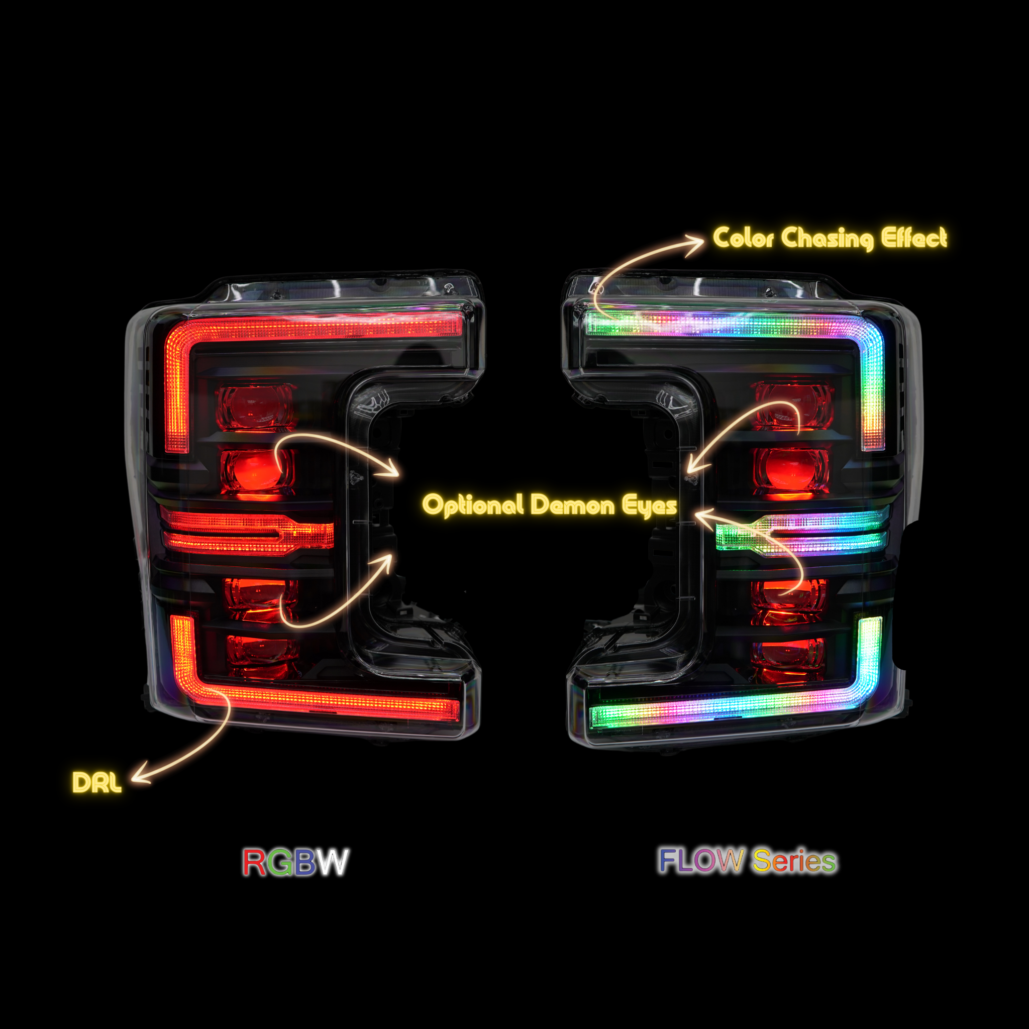 Ford Super Duty: Multicolor Flow Series Headlights Gen 2 (2017-2019) | XB Morimoto โ Custom Multicolor LED Lighting by RGB Halo Kits