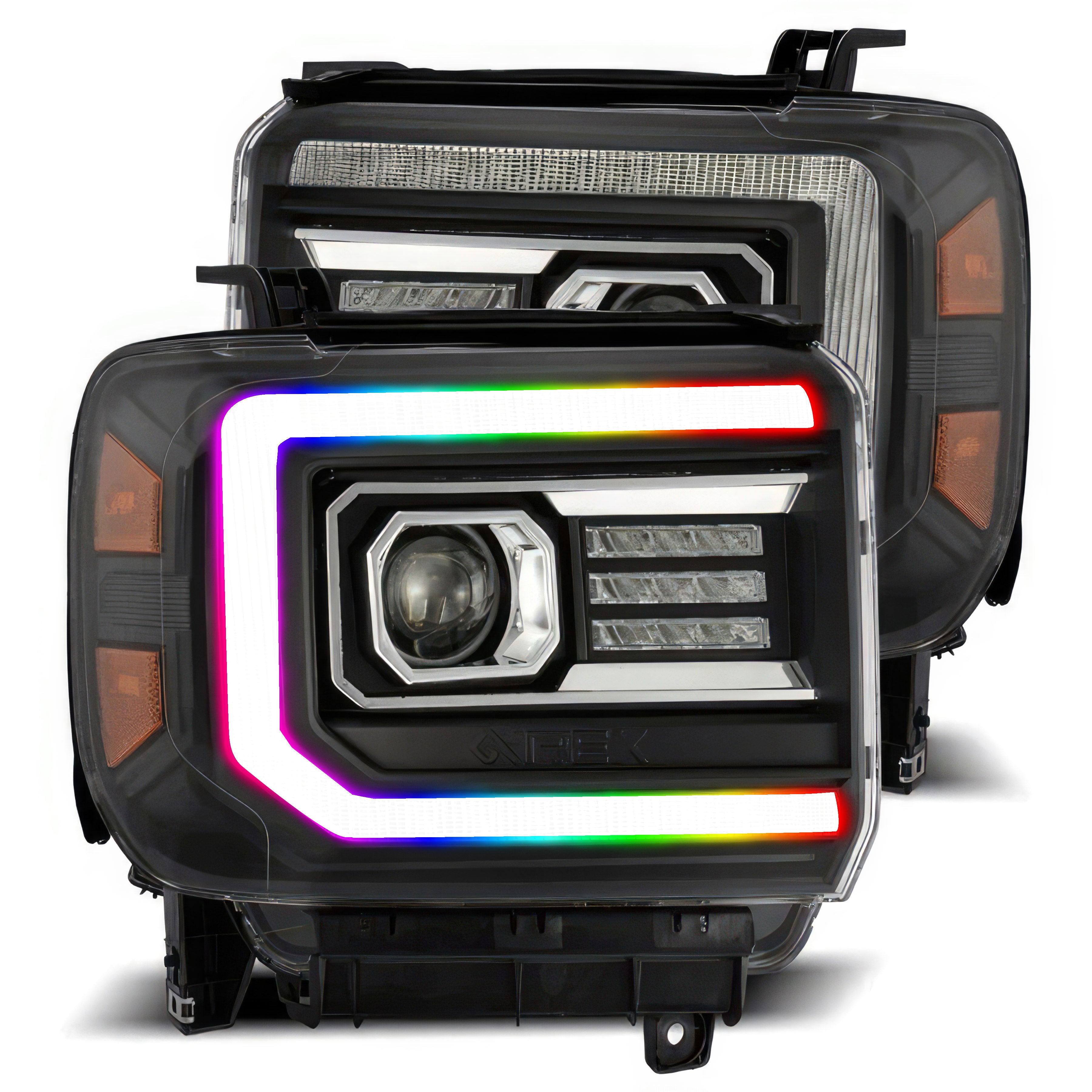 GMC Sierra: Multicolor Flow Series Alphablack Headlights (2014-2018) | Alpharex – Custom Multicolor LED Lighting by RGB Halo Kits