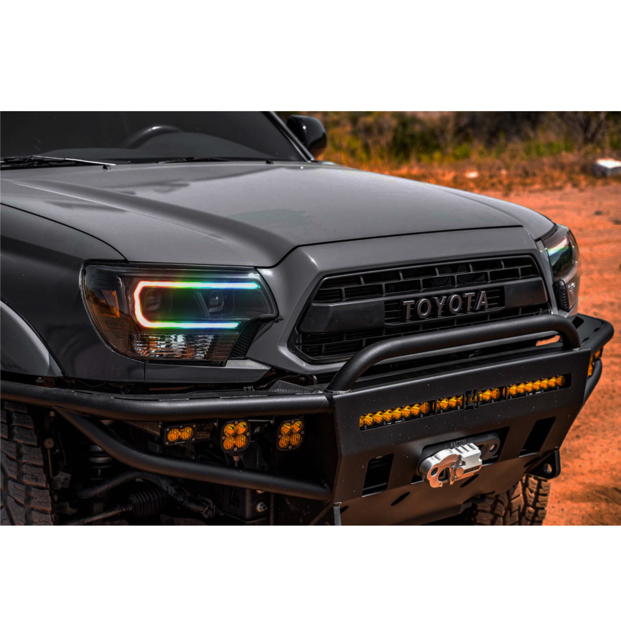 2012-2015 Toyota Tacoma: Multicolor Prebuilt XB Hybrid Headlights - RGB Halo Kits Multicolor Flow Series Color Chasing RGBWA LED headlight kit Oracle Lighting Trendz OneUpLighting Morimoto theretrofitsource AutoLEDTech Diode Dynamics