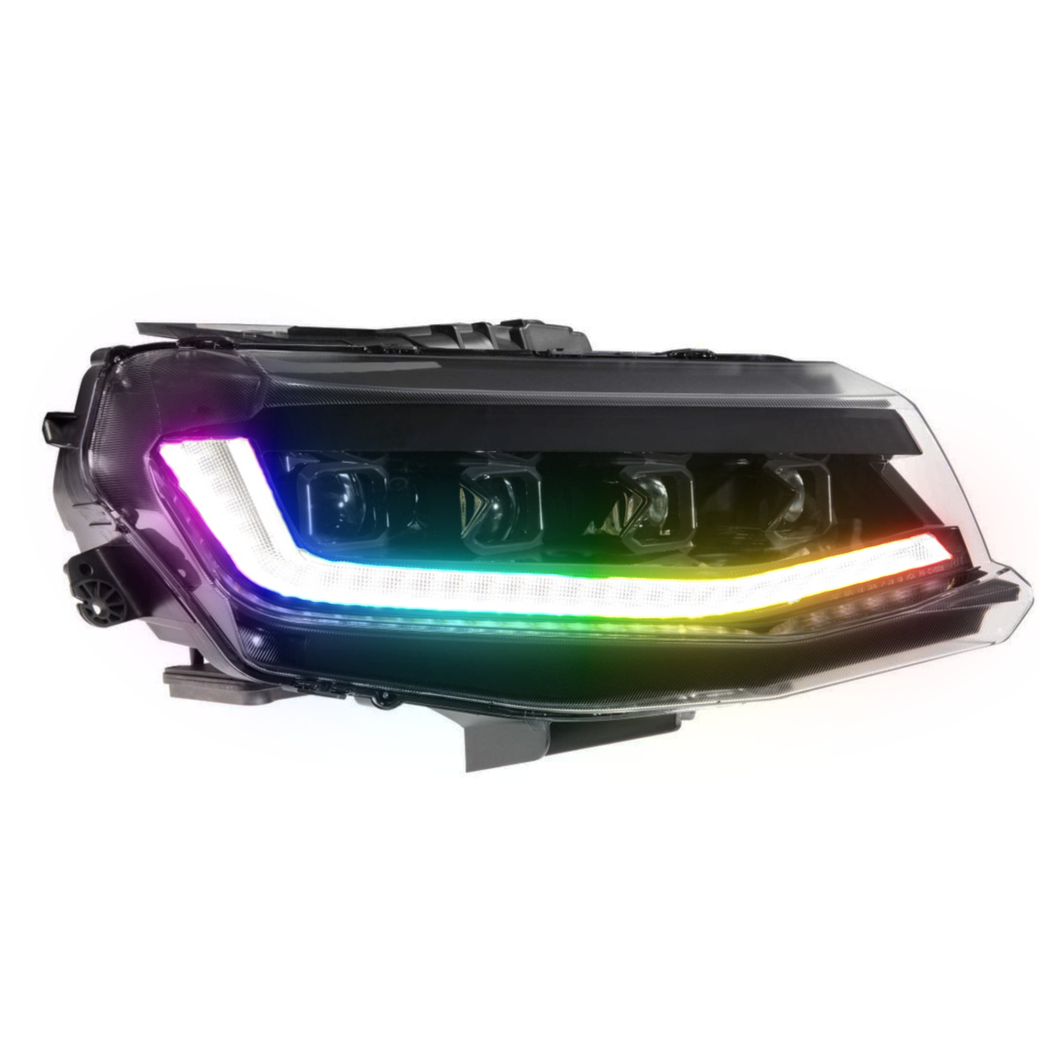 2016-2018 Chevrolet Camaro: Multicolor Prebuilt XB Headlights - RGB Halo Kits Multicolor Flow Series Color Chasing RGBWA LED headlight kit Oracle Lighting Trendz OneUpLighting Morimoto theretrofitsource AutoLEDTech Diode Dynamics