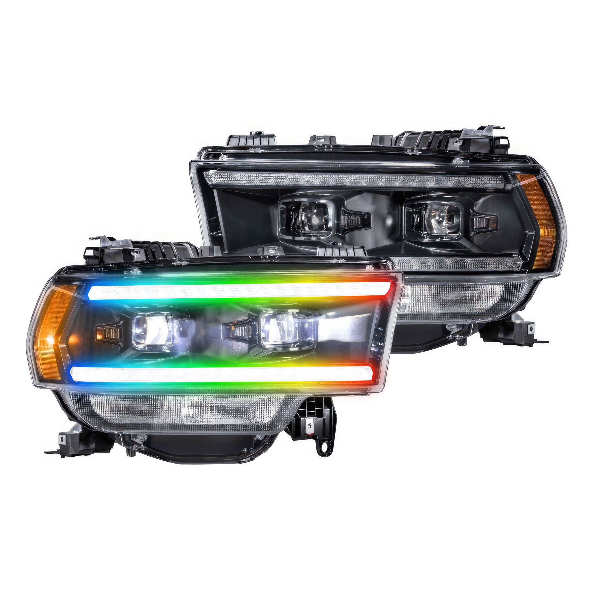 Ram HD: Multicolor Flow Series Headlights (2019-2024) | XB Hybrid Morimoto – Custom Multicolor LED Lighting by RGB Halo Kits