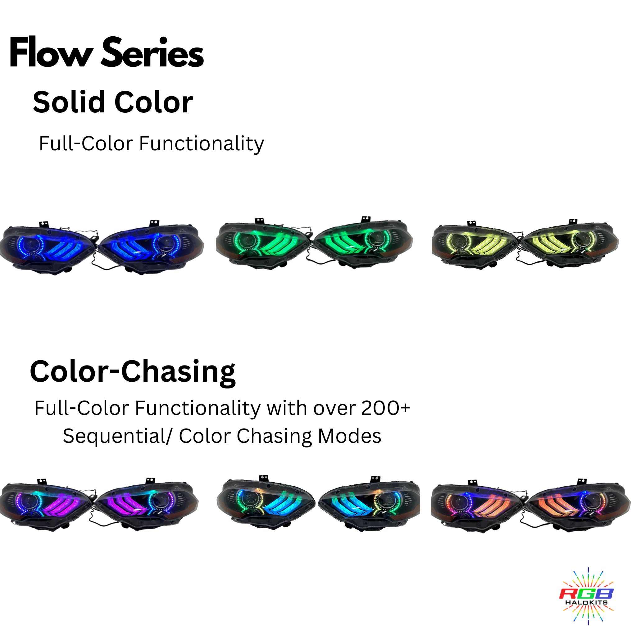 Ford Mustang: Multicolor Flow Series Headlights (2018-2023) – Custom Multicolor LED Lighting by RGB Halo Kits
