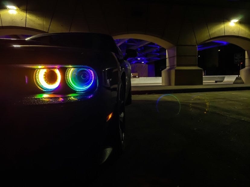 2015-2024 Dodge Challenger Multicolor Halo Kit - RGB Halo Kits Multicolor Flow Series Color Chasing RGBWA LED headlight kit Oracle Lighting Trendz OneUpLighting Morimoto theretrofitsource AutoLEDTech Diode Dynamics