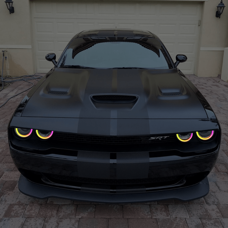 2015-2022 Dodge Challenger Waterproof External Mount Multicolor Halo Kit - RGB Halo Kits Multicolor Flow Series Color Chasing RGBWA LED headlight kit Oracle Lighting Trendz OneUpLighting Morimoto theretrofitsource AutoLEDTech Diode Dynamics