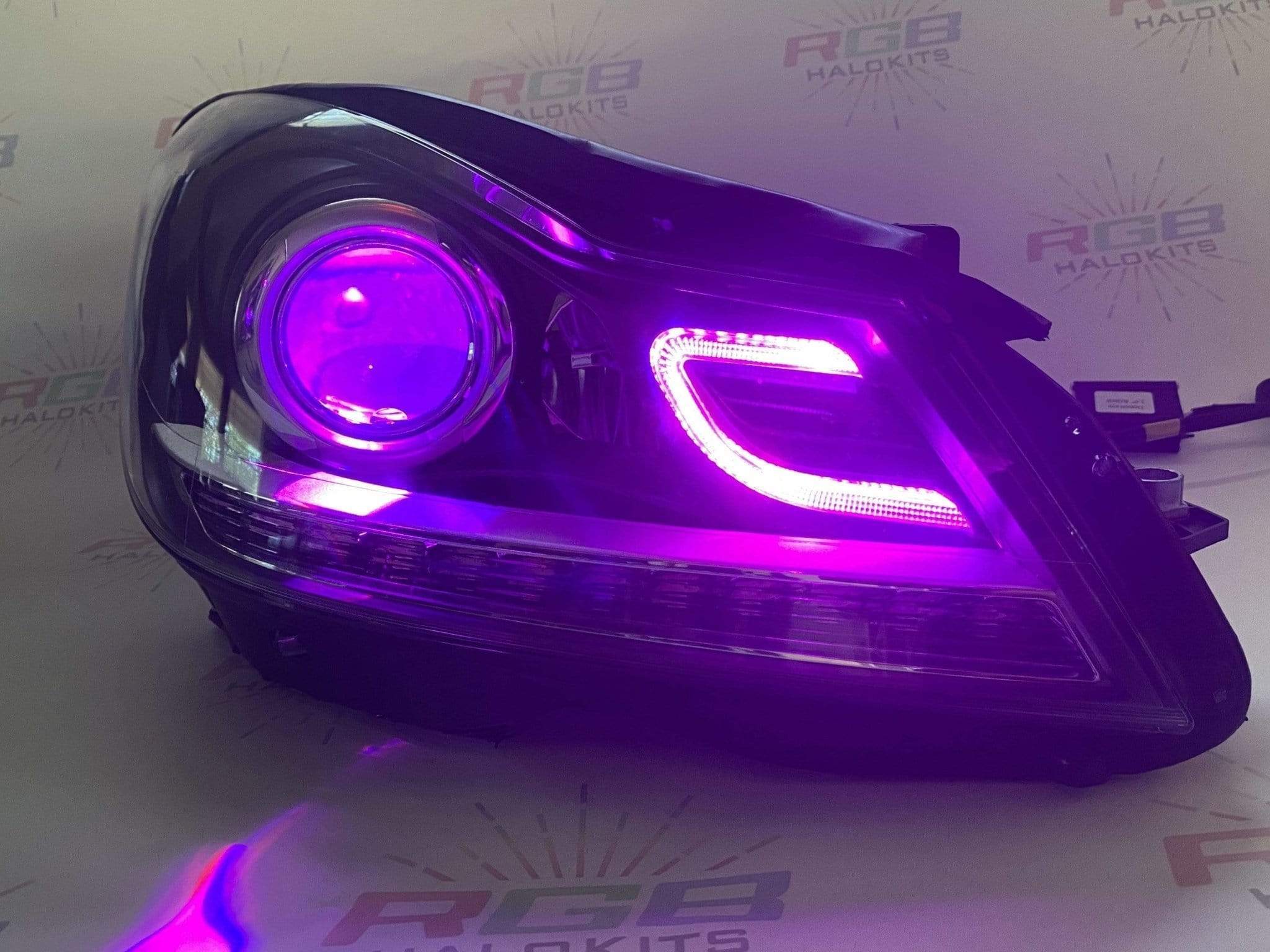 2012-2014 Mercedes Benz C-CLASS Prebuilt Headlights RGBW - RGB Halo Kits Multicolor Flow Series Color Chasing RGBWA LED headlight kit Colorshift Oracle Lighting Trendz OneUpLighting Morimoto theretrofitsource AutoLEDTech Diode Dynamics