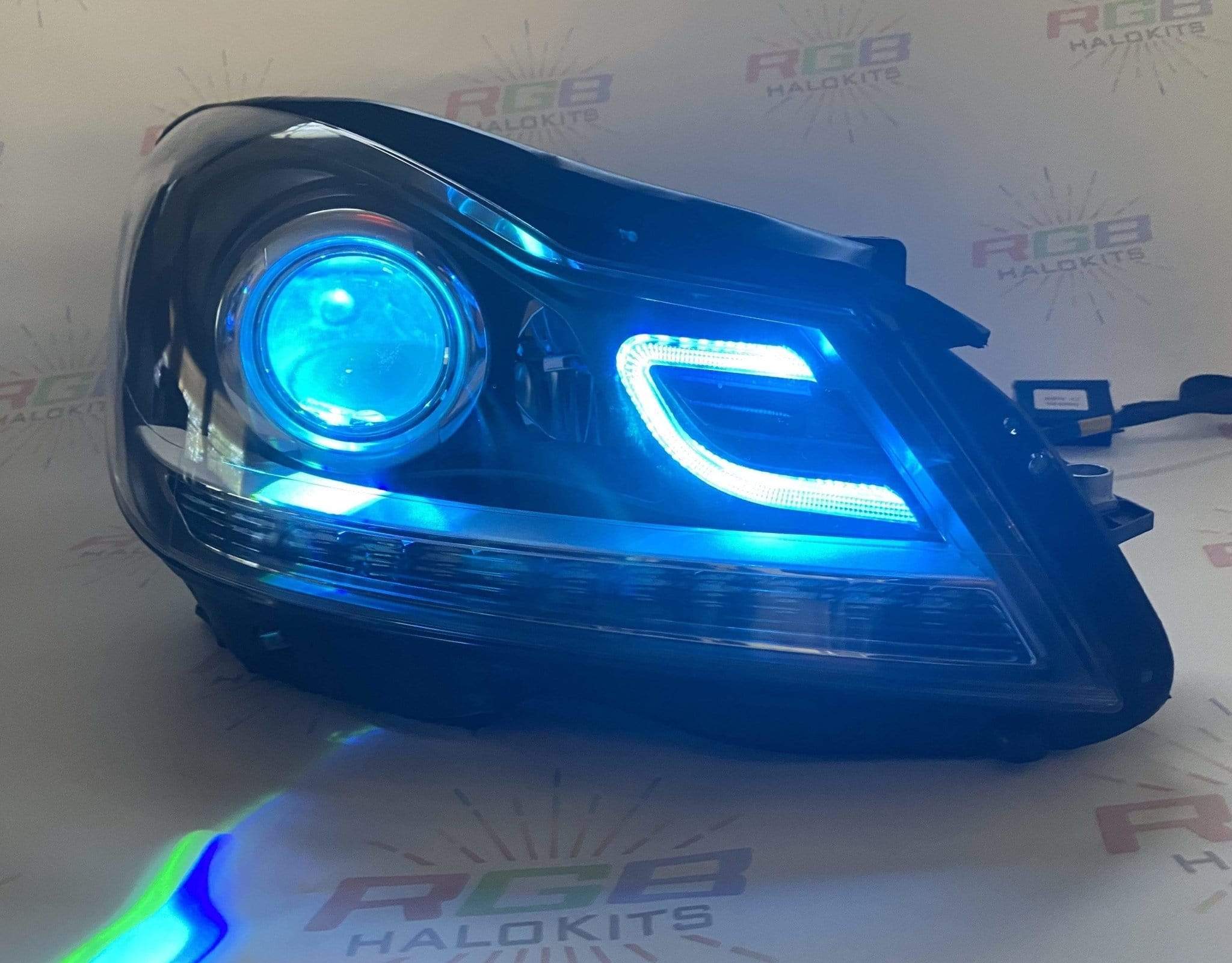 2012-2014 Mercedes Benz C-CLASS Prebuilt Headlights RGBW - RGB Halo Kits Multicolor Flow Series Color Chasing RGBWA LED headlight kit Colorshift Oracle Lighting Trendz OneUpLighting Morimoto theretrofitsource AutoLEDTech Diode Dynamics