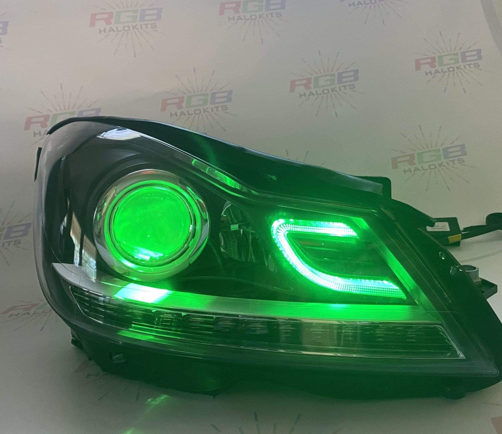 2012-2014 Mercedes Benz C-CLASS Prebuilt Headlights RGBW - RGB Halo Kits Multicolor Flow Series Color Chasing RGBWA LED headlight kit Colorshift Oracle Lighting Trendz OneUpLighting Morimoto theretrofitsource AutoLEDTech Diode Dynamics