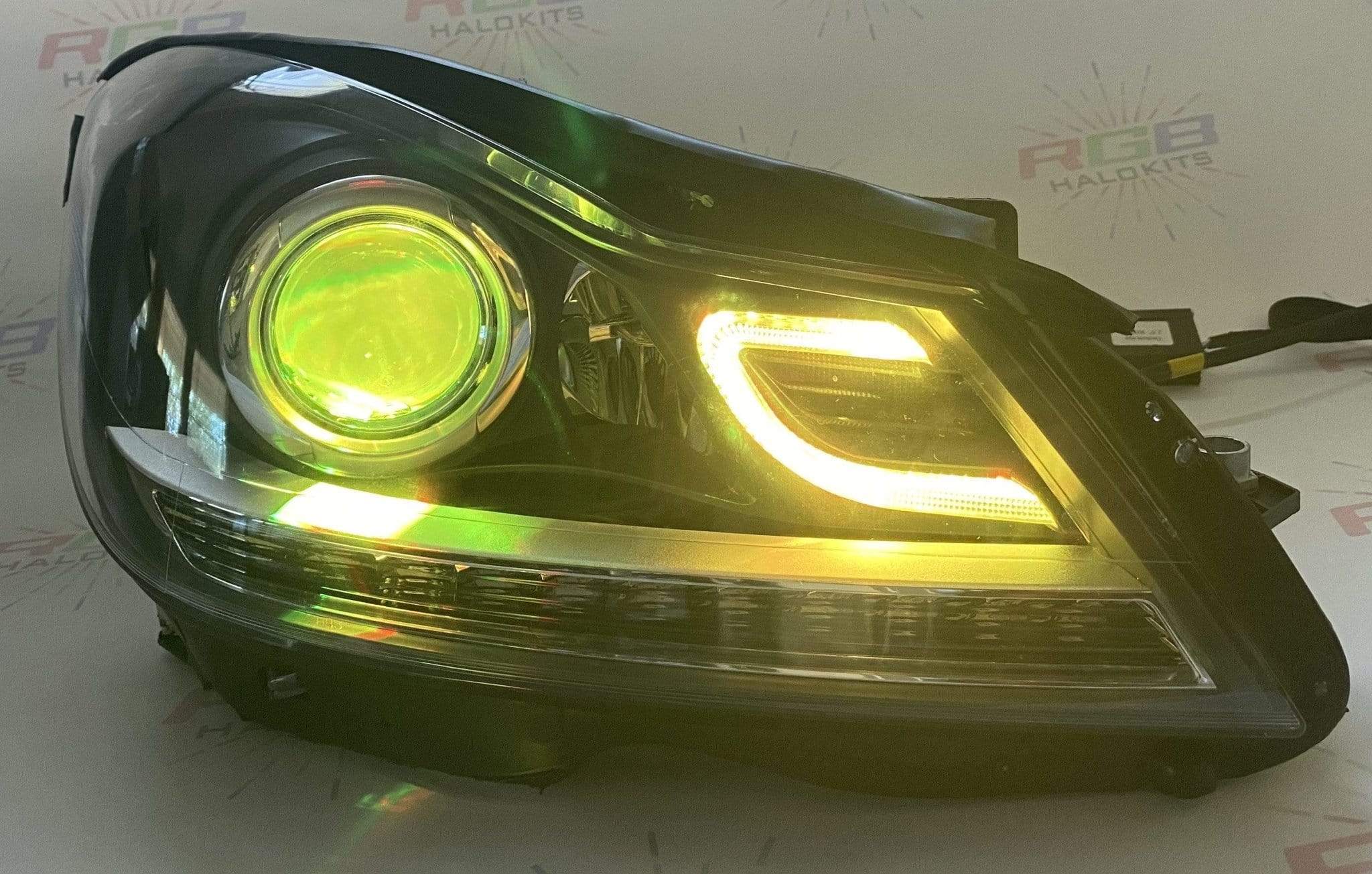 2012-2014 Mercedes Benz C-CLASS Prebuilt Headlights RGBW - RGB Halo Kits Multicolor Flow Series Color Chasing RGBWA LED headlight kit Colorshift Oracle Lighting Trendz OneUpLighting Morimoto theretrofitsource AutoLEDTech Diode Dynamics