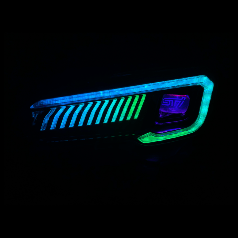 2015-2021 Subaru WRX STI Prebuilt headlights - RGB Halo Kits Multicolor Flow Series Color Chasing RGBWA LED headlight kit Oracle Lighting Trendz OneUpLighting Morimoto theretrofitsource AutoLEDTech Diode Dynamics