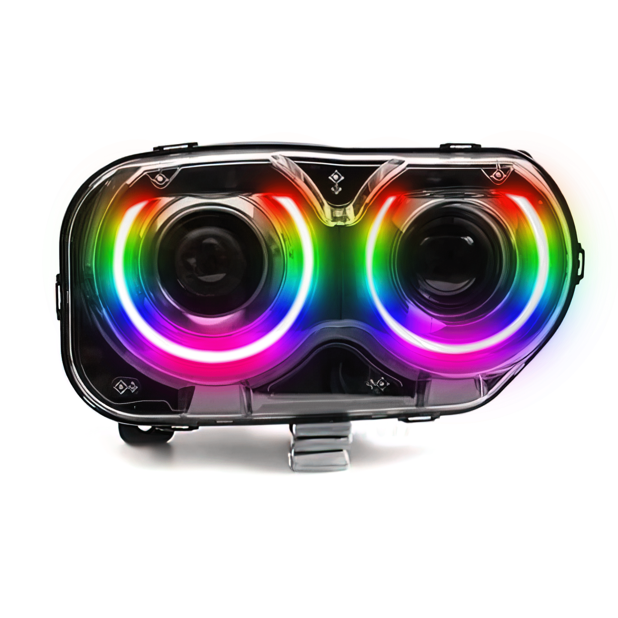 2015-2023 Dodge Challenger Prebuilt Headlights - RGB Halo Kits Multicolor Flow Series Color Chasing RGBWA LED headlight kit Oracle Lighting Trendz OneUpLighting Morimoto theretrofitsource AutoLEDTech Diode Dynamics