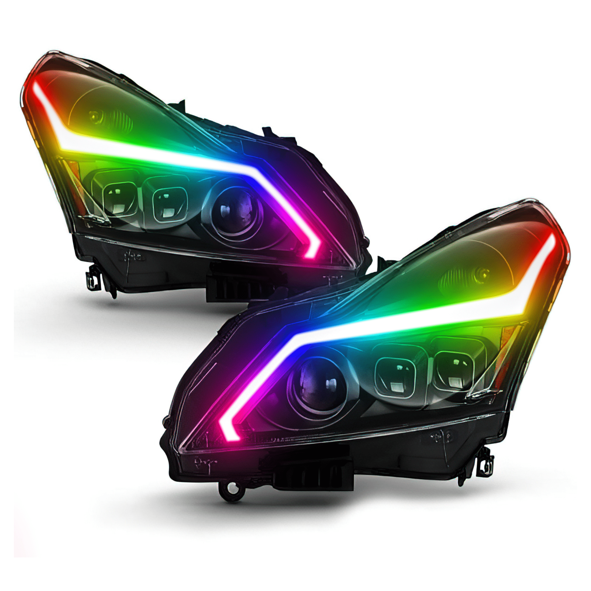 2015 Infiniti Q40 Sedan Multicolor Prebuilt Headlights - RGB Halo Kits Multicolor Flow Series Color Chasing RGBWA LED headlight kit Oracle Lighting Trendz OneUpLighting Morimoto theretrofitsource AutoLEDTech Diode Dynamics