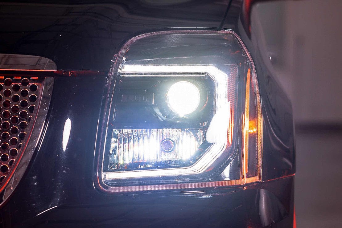 GMC YUKON (07-14): XB HYBRID LED HEADLIGHTS - RGB Halo Kits Multicolor Flow Series Color Chasing RGBWA LED headlight kit Oracle Lighting Trendz OneUpLighting Morimoto theretrofitsource AutoLEDTech Diode Dynamics