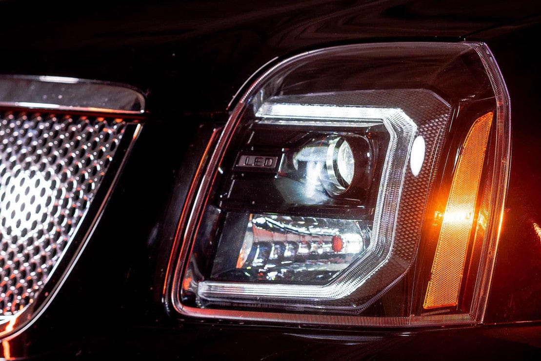 GMC YUKON (07-14): XB HYBRID LED HEADLIGHTS - RGB Halo Kits Multicolor Flow Series Color Chasing RGBWA LED headlight kit Oracle Lighting Trendz OneUpLighting Morimoto theretrofitsource AutoLEDTech Diode Dynamics