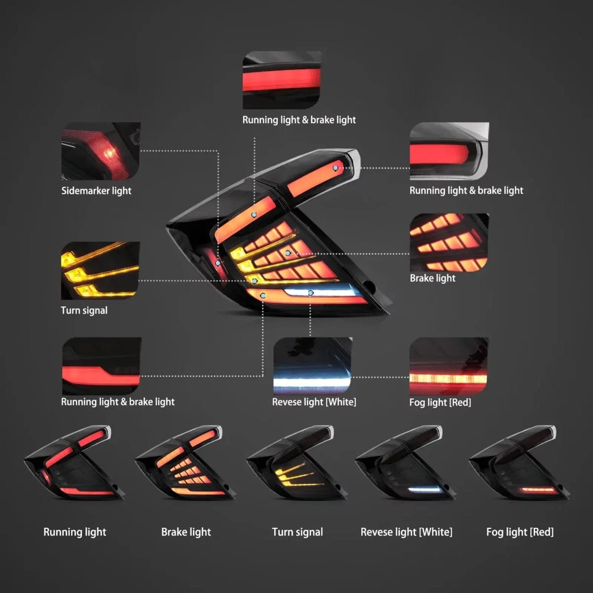 16-21 Honda Civic Hatchback Tail Lights with Dynamic Welcome Lighting - RGB Halo Kits Multicolor Flow Series Color Chasing RGBWA LED headlight kit Oracle Lighting Trendz OneUpLighting Morimoto theretrofitsource AutoLEDTech Diode Dynamics
