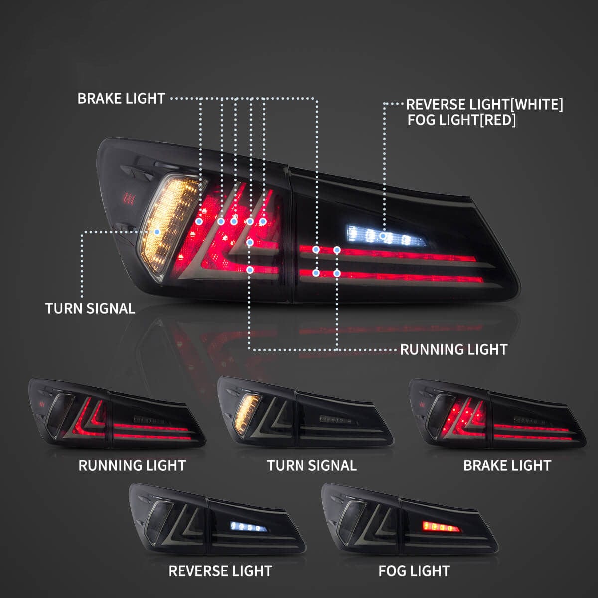 2006-2013 LEXUS IS Tail Lights - RGB Halo Kits Multicolor Flow Series Color Chasing RGBWA LED headlight kit Oracle Lighting Trendz OneUpLighting Morimoto theretrofitsource AutoLEDTech Diode Dynamics