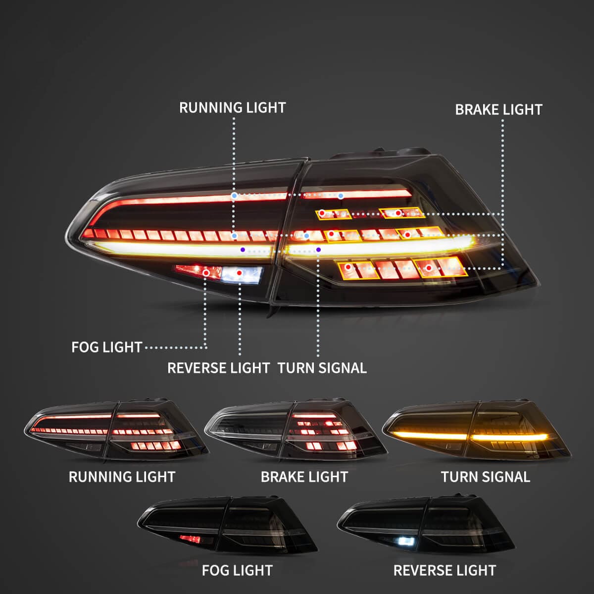2013-2020 VOLKSWAGEN GOLF MK7 Tail Lights - RGB Halo Kits Multicolor Flow Series Color Chasing RGBWA LED headlight kit Oracle Lighting Trendz OneUpLighting Morimoto theretrofitsource AutoLEDTech Diode Dynamics