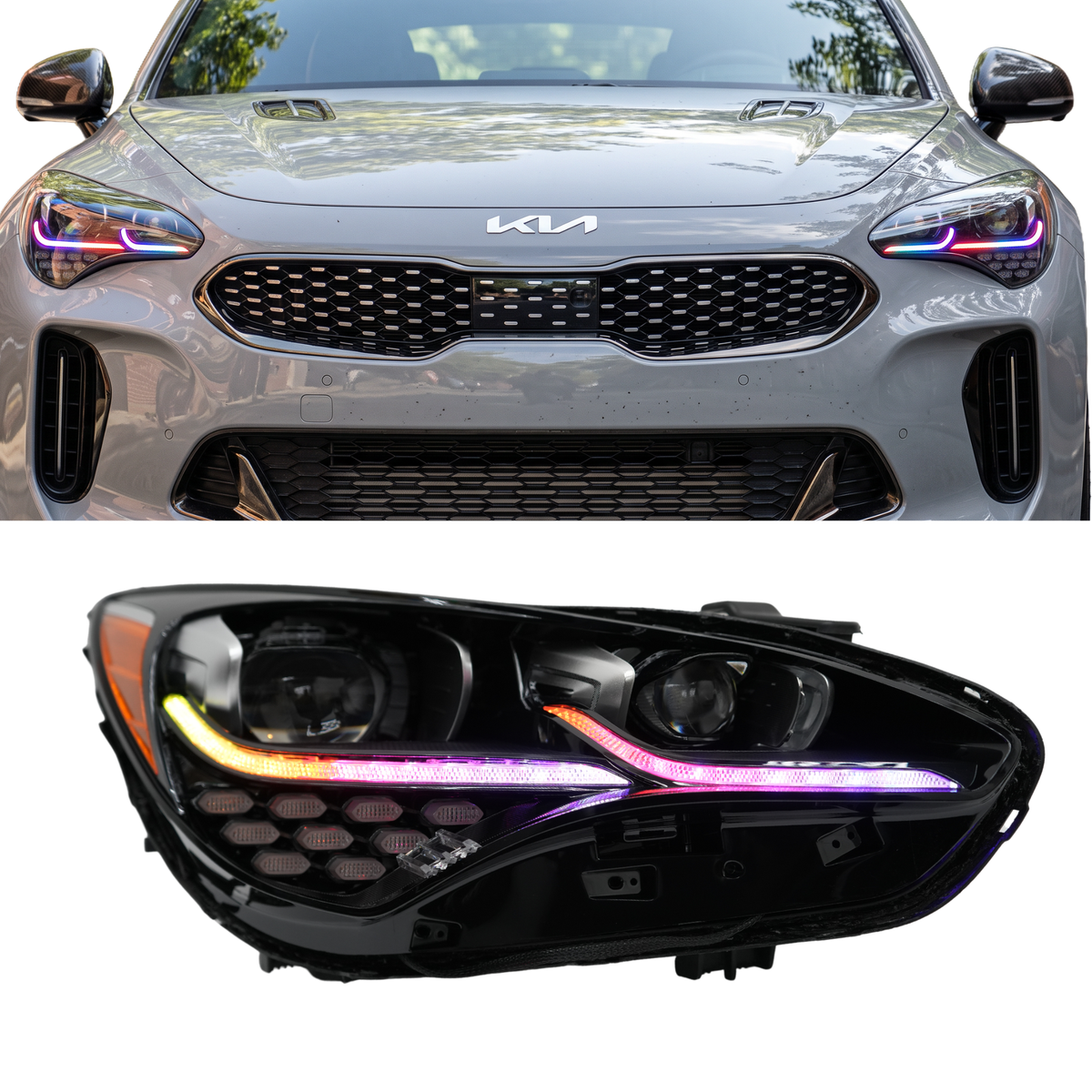 Kia Stinger Multicolor Flow Series DRL Boards (2017-2024) — lighting shown installed