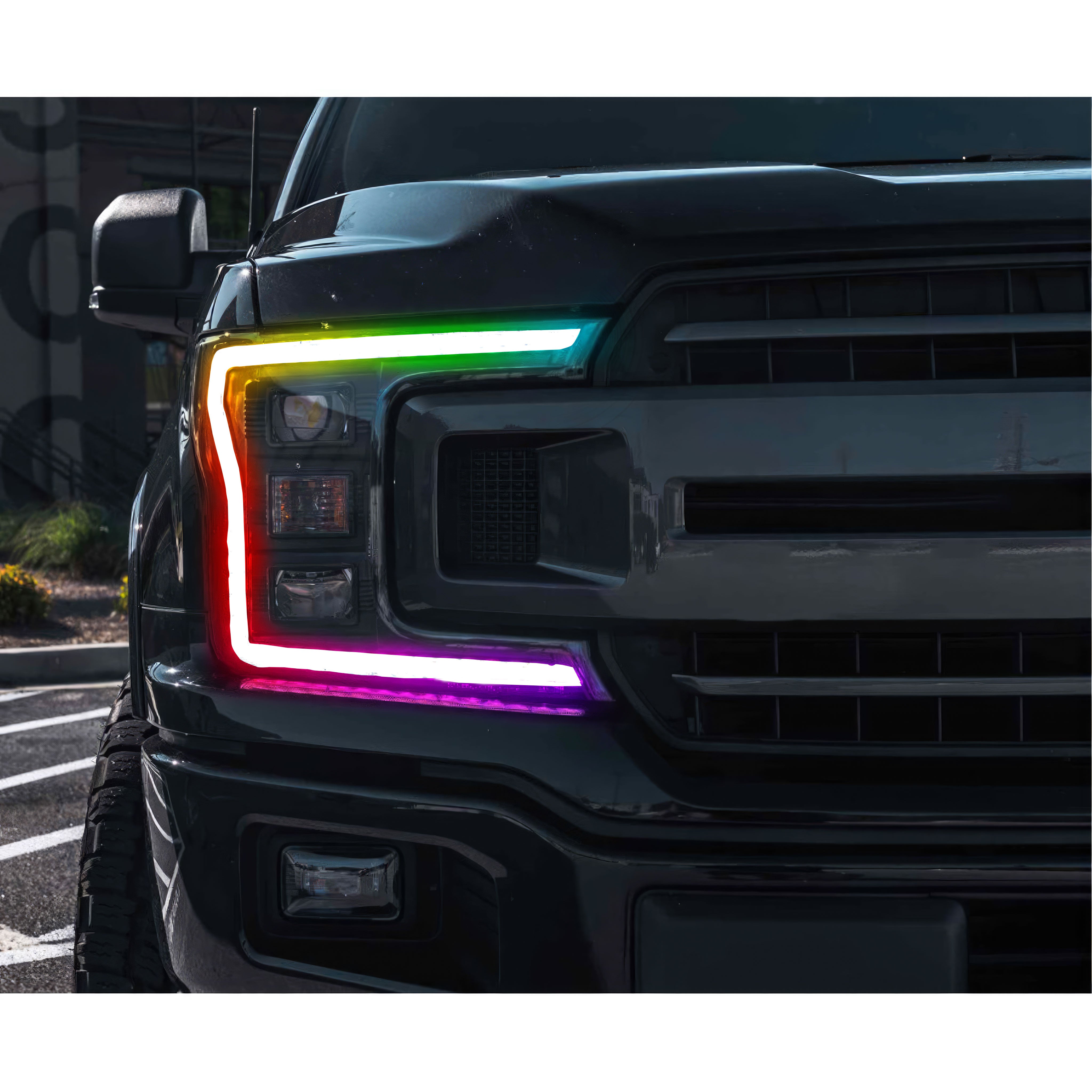 2018-2020 Ford F-150: Multicolor Prebuilt XB Hybrid Headlights - RGB Halo Kits Multicolor Flow Series Color Chasing RGBWA LED headlight kit Oracle Lighting Trendz OneUpLighting Morimoto theretrofitsource AutoLEDTech Diode Dynamics
