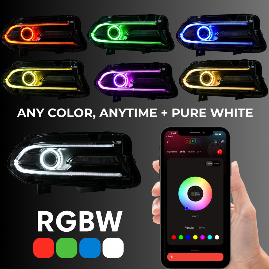 Dodge Charger: Multicolor Headlights (2015-2023) RGBW – Custom Multicolor LED Lighting by RGB Halo Kits