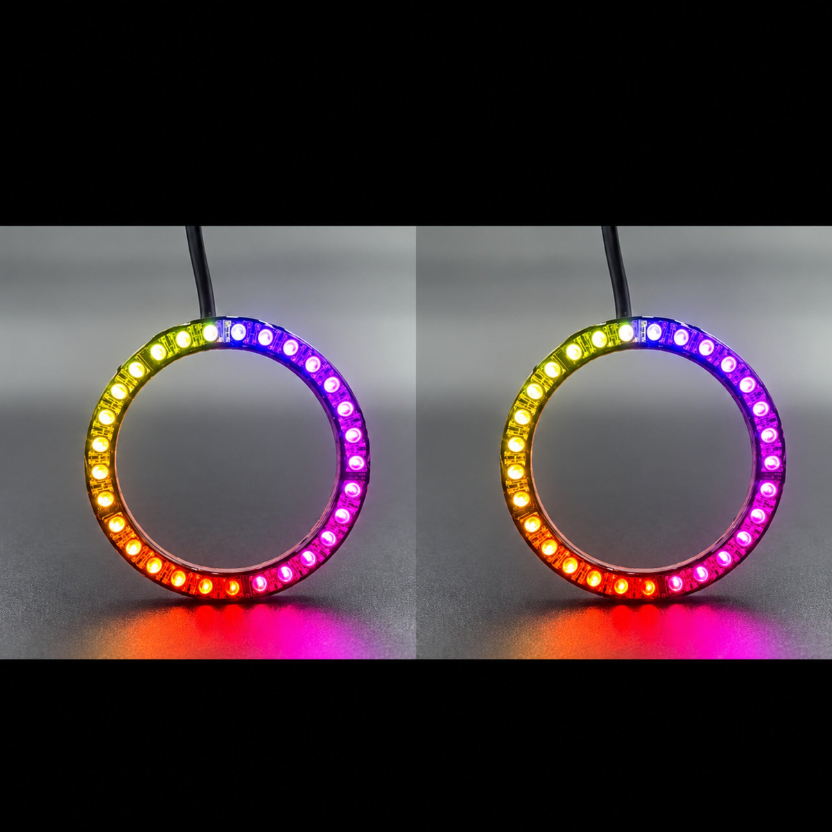 Side-by-side LED halo ring views displaying yellow, orange and magenta lighting