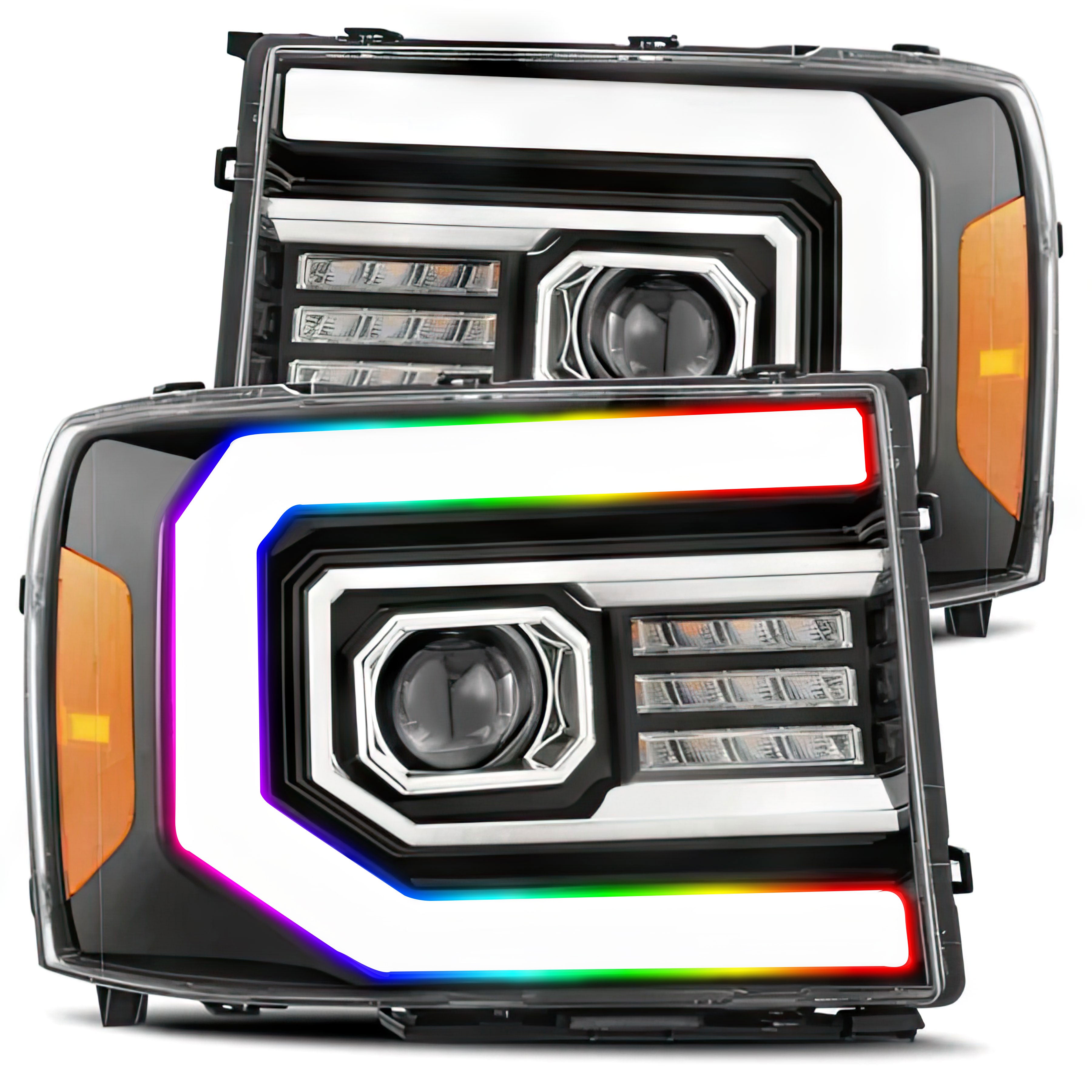 GMC Sierra: Multicolor Flow Series Jet Black Headlights (2007-2013) | Alpharex – Custom Multicolor LED Lighting by RGB Halo Kits