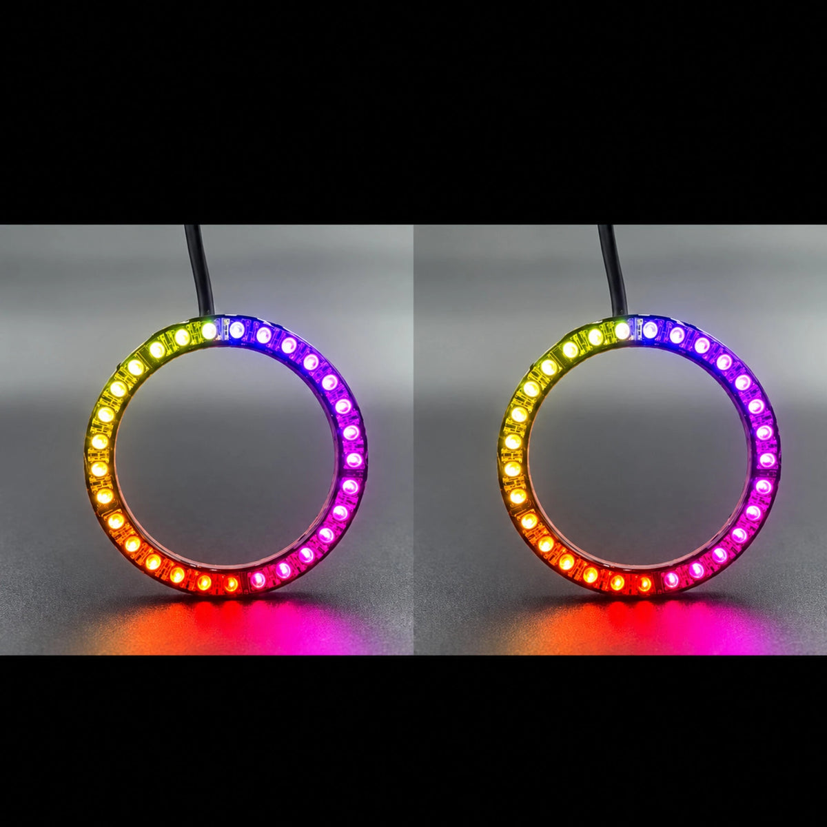 Side-by-side LED halo ring views displaying yellow, orange and magenta lighting