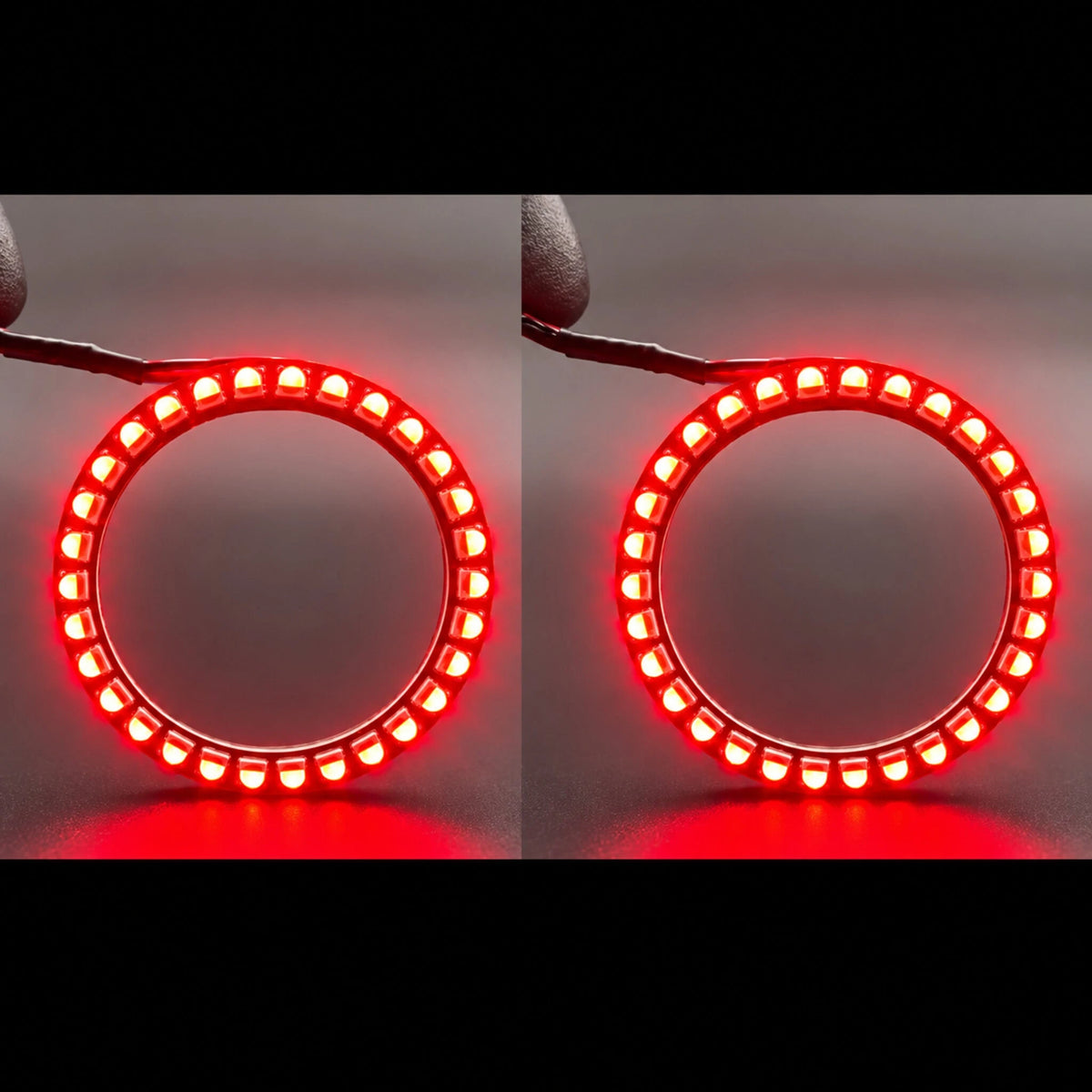 Side-by-side LED halo ring views displaying solid red illumination