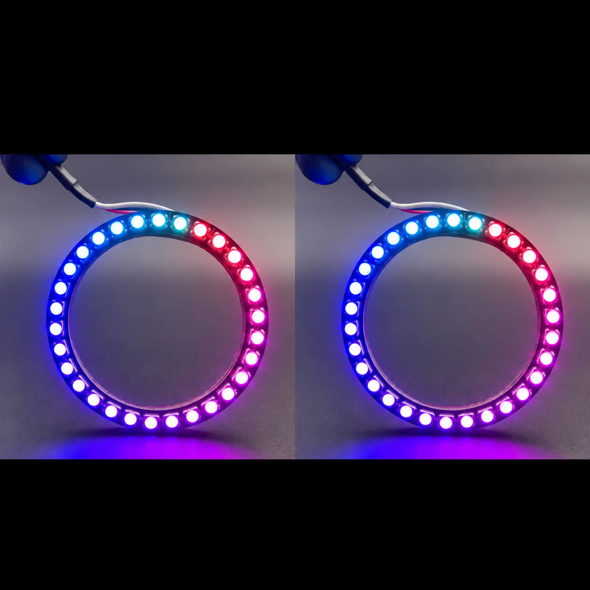 Side-by-side LED halo ring views displaying blue, cyan and magenta lighting