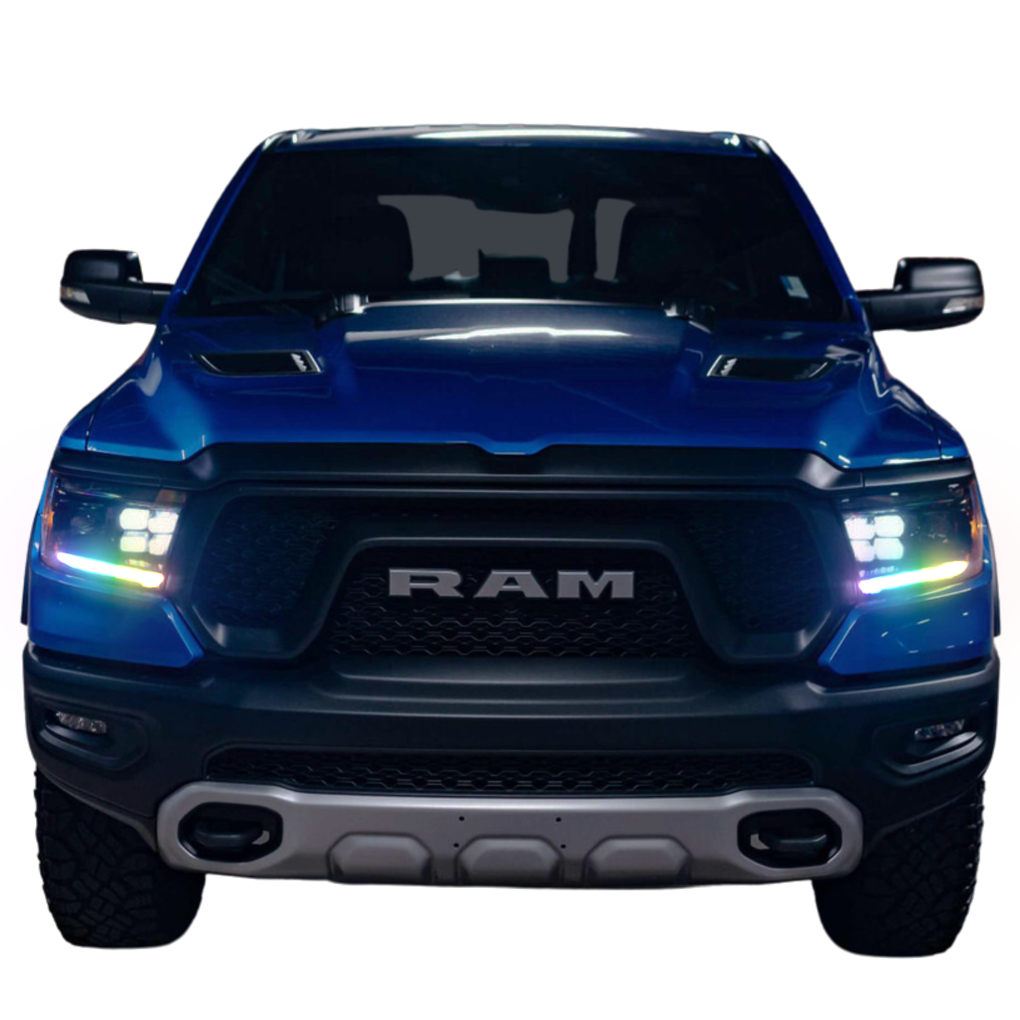 2019-2023 Dodge RAM 1500: Multicolor Prebuilt XB (GEN 2) Headlights - RGB Halo Kits Multicolor Flow Series Color Chasing RGBWA LED headlight kit Oracle Lighting Trendz OneUpLighting Morimoto theretrofitsource AutoLEDTech Diode Dynamics