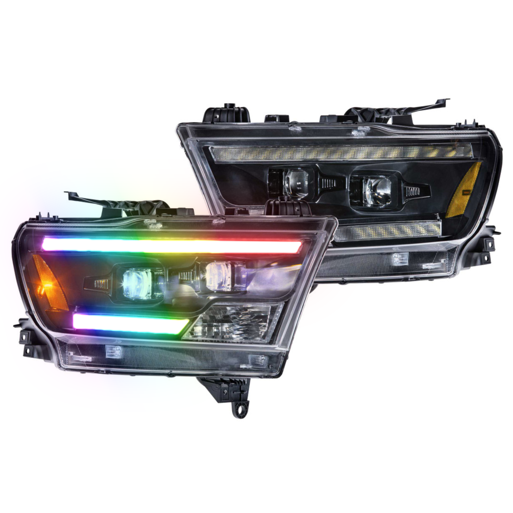 2019-2023 Dodge RAM 1500: Multicolor Prebuilt XB Hybrid Headlights - RGB Halo Kits Multicolor Flow Series Color Chasing RGBWA LED headlight kit Oracle Lighting Trendz OneUpLighting Morimoto theretrofitsource AutoLEDTech Diode Dynamics