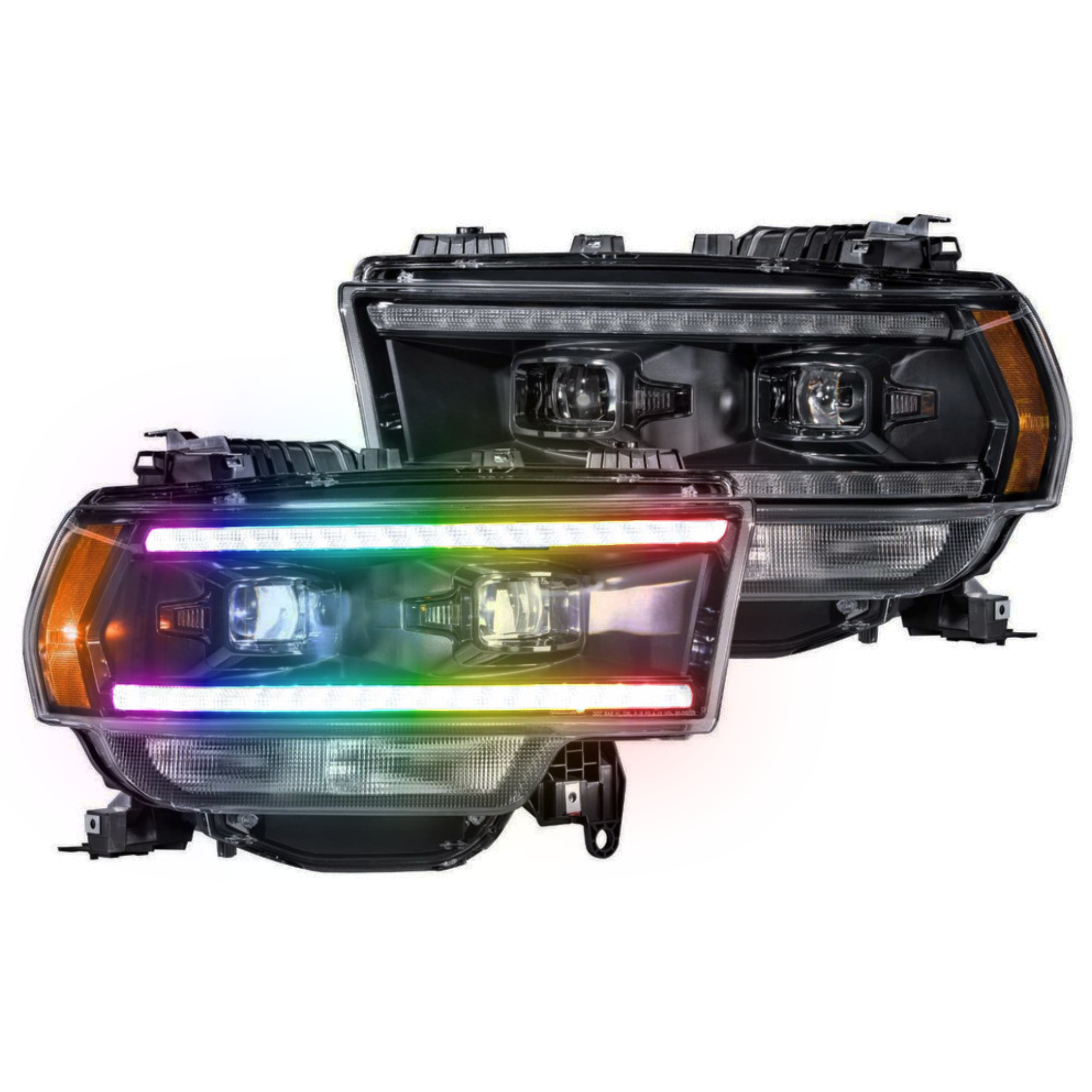 2019-2023 Dodge RAM HD: Multicolor Prebuilt XB Hybrid Headlights - RGB Halo Kits Multicolor Flow Series Color Chasing RGBWA LED headlight kit Oracle Lighting Trendz OneUpLighting Morimoto theretrofitsource AutoLEDTech Diode Dynamics