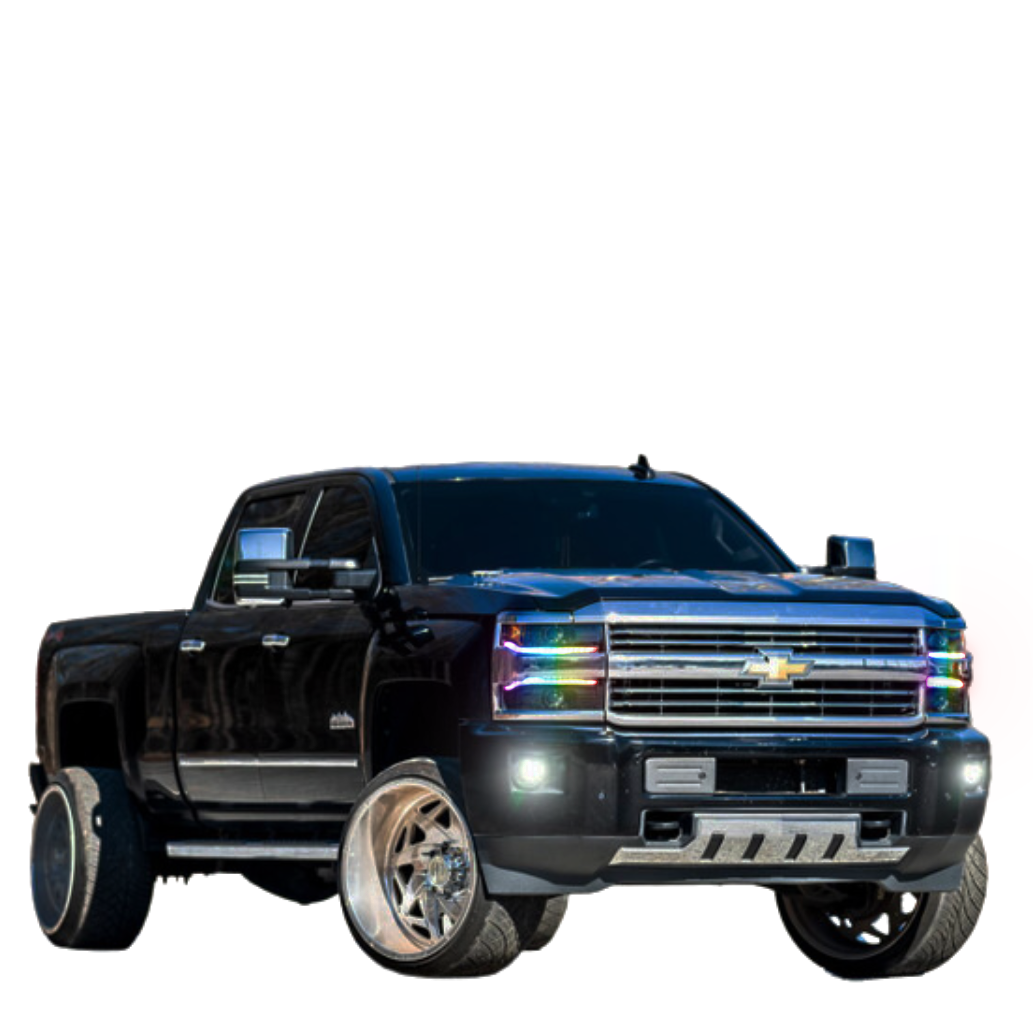 2015-2019 Chevrolet Silverado HD: Multicolor Prebuilt XB Headlights - RGB Halo Kits Multicolor Flow Series Color Chasing RGBWA LED headlight kit Oracle Lighting Trendz OneUpLighting Morimoto theretrofitsource AutoLEDTech Diode Dynamics