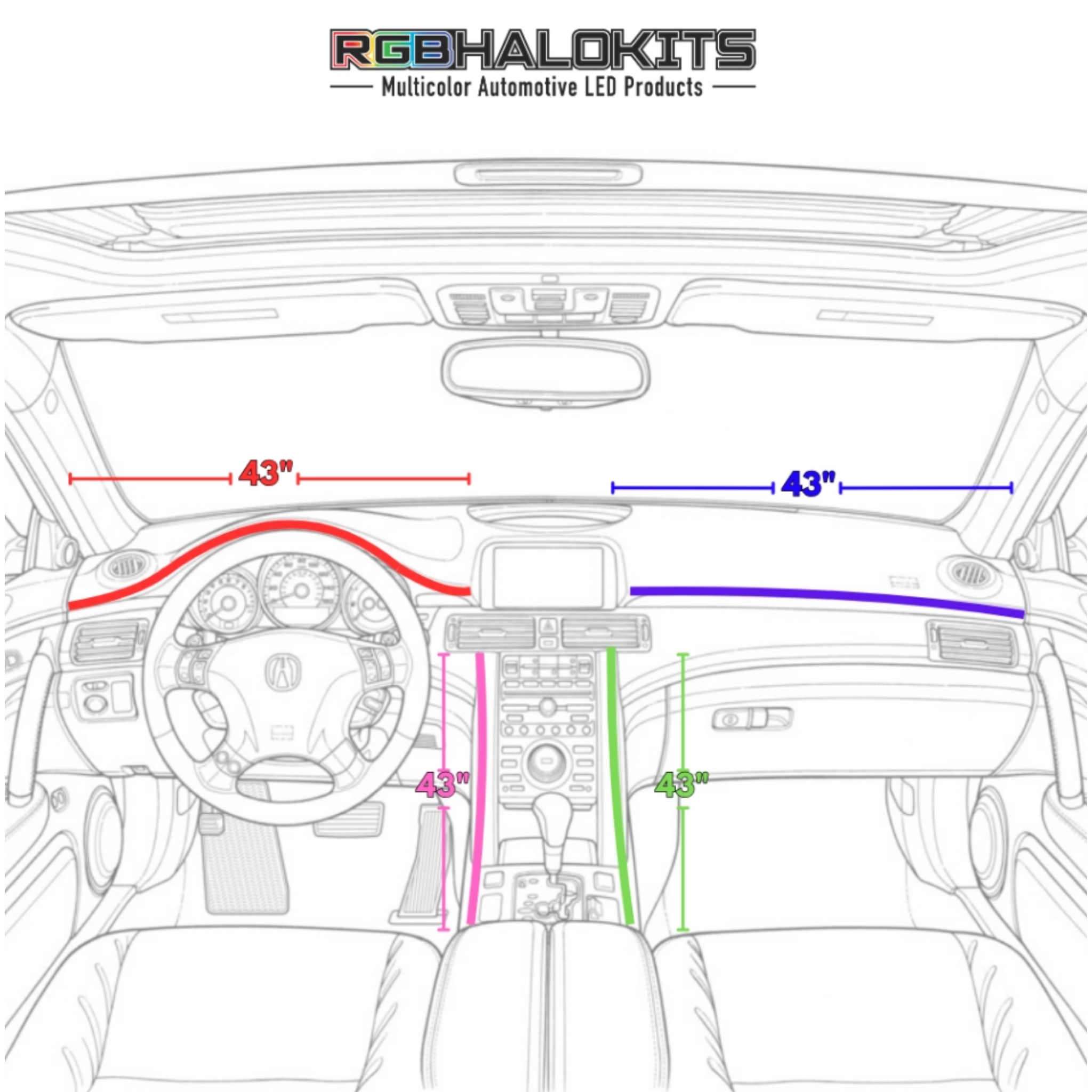 Flow Series Fiber Optic Interior Lighting Kit – 43" Ultra-Thin LED Strips (Version 2.0) – Custom Multicolor LED Lighting by RGB Halo Kits