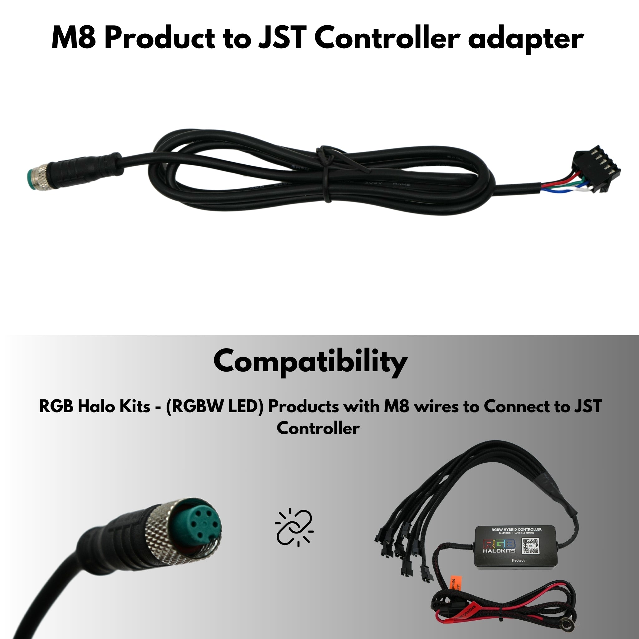 M8 Product to JST Controller : Connector Adapter – Custom Multicolor LED Lighting by RGB Halo Kits