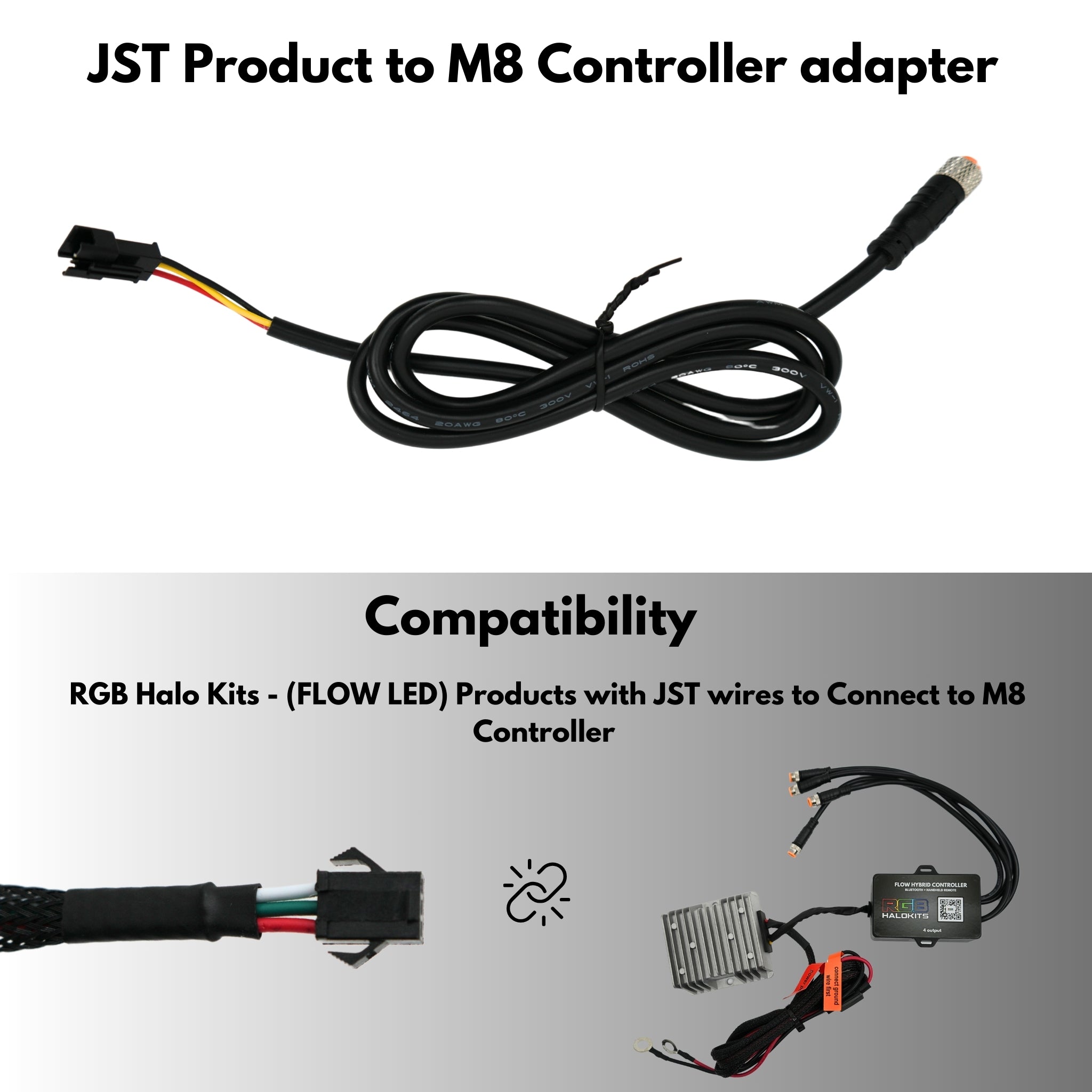 JST product to M8 Controller: Connector Adapter – Custom Multicolor LED Lighting by RGB Halo Kits
