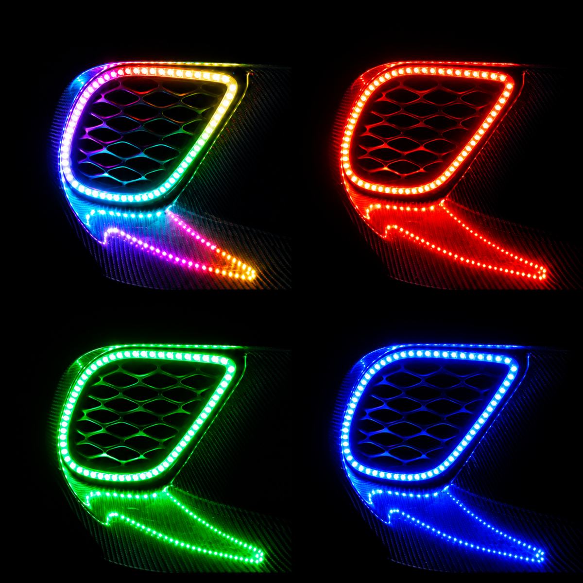 Dodge Charger waterproof fog outline halo kit shown in multicolor, red, green and blue