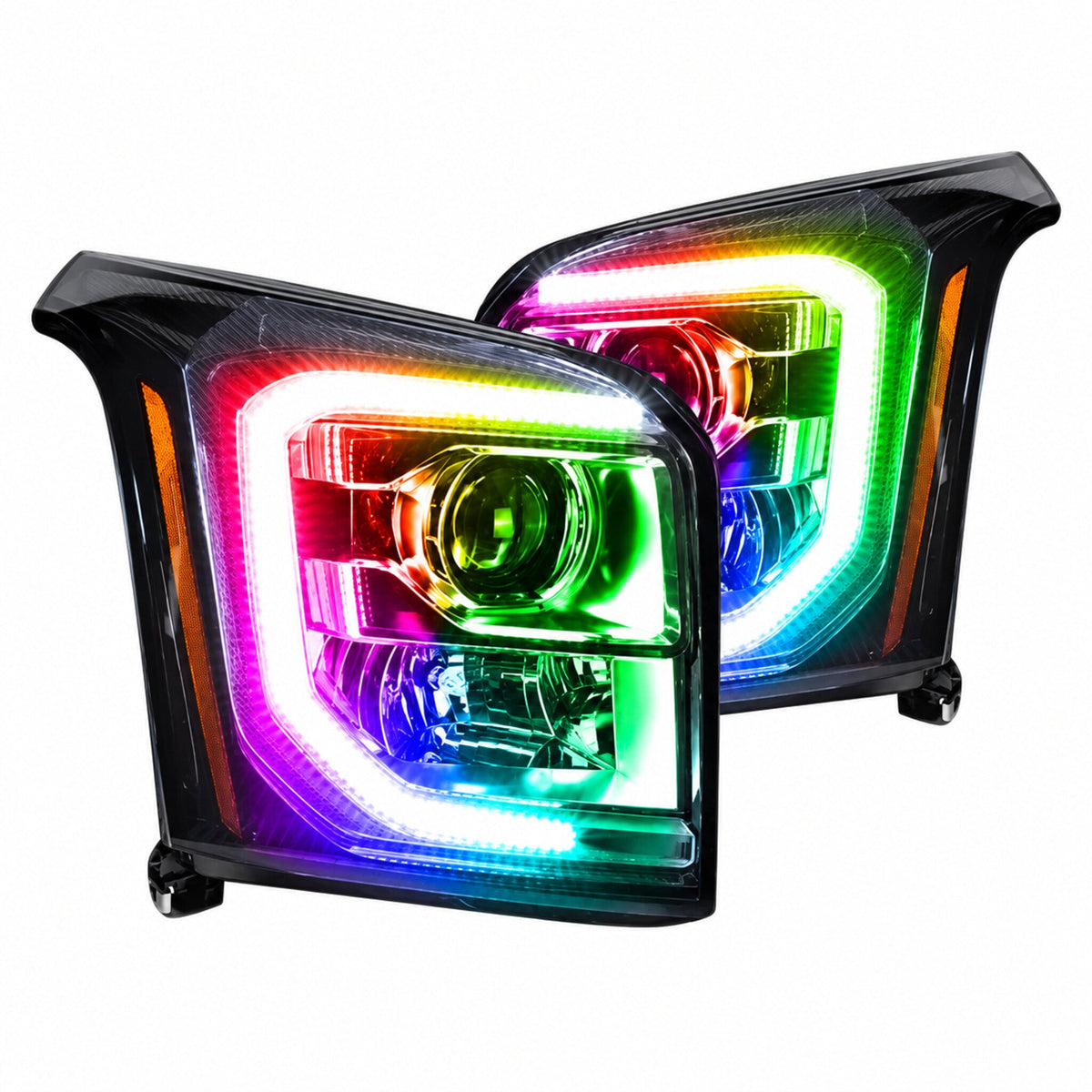 2015–2018 GMC Yukon headlights showing Flow Series multicolor halo lighting