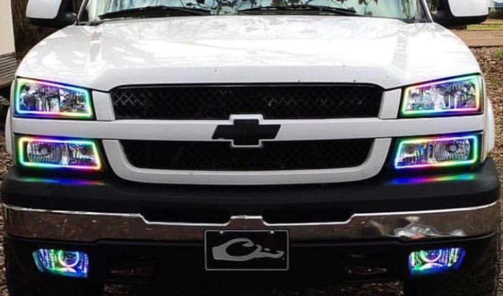 2003-2006 Chevrolet Silverado Multicolor Halo Kit - RGB Halo Kits Multicolor Flow Series Color Chasing RGBWA LED headlight kit Colorshift Oracle Lighting Trendz OneUpLighting Morimoto theretrofitsource AutoLEDTech Diode Dynamics