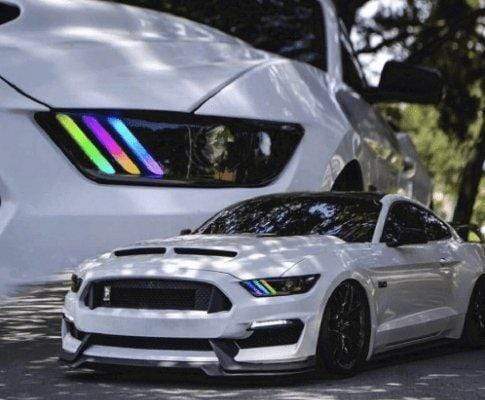2015-2017 Ford Mustang Prebuilt Headlights - RGB Halo Kits Multicolor Flow Series Color Chasing RGBWA LED headlight kit Oracle Lighting Trendz OneUpLighting Morimoto theretrofitsource AutoLEDTech Diode Dynamics