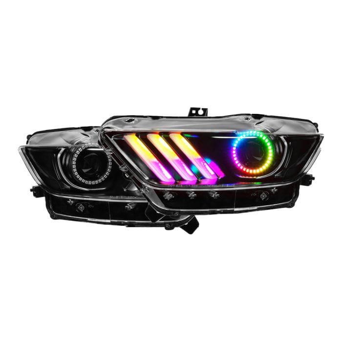2015-2017 Ford Mustang Prebuilt Headlights - RGB Halo Kits Multicolor Flow Series Color Chasing RGBWA LED headlight kit Oracle Lighting Trendz OneUpLighting Morimoto theretrofitsource AutoLEDTech Diode Dynamics