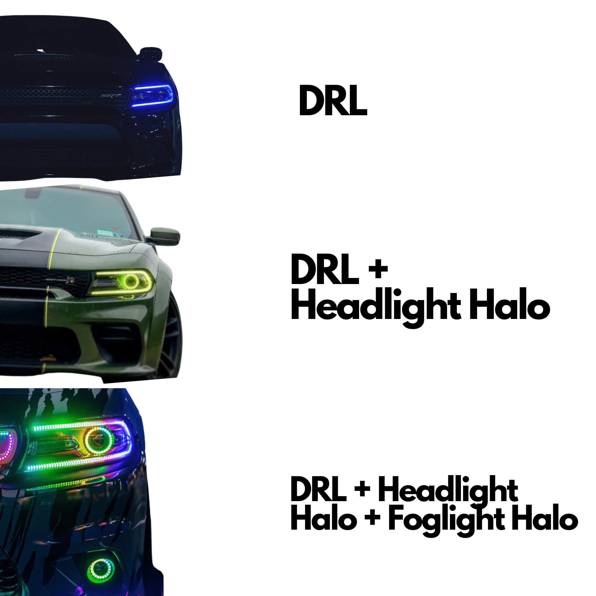 2015-2023 Dodge Charger Flow Series DRL Boards - RGB Halo Kits Multicolor Flow Series Color Chasing RGBWA LED headlight kit Oracle Lighting Trendz OneUpLighting Morimoto theretrofitsource AutoLEDTech Diode Dynamics